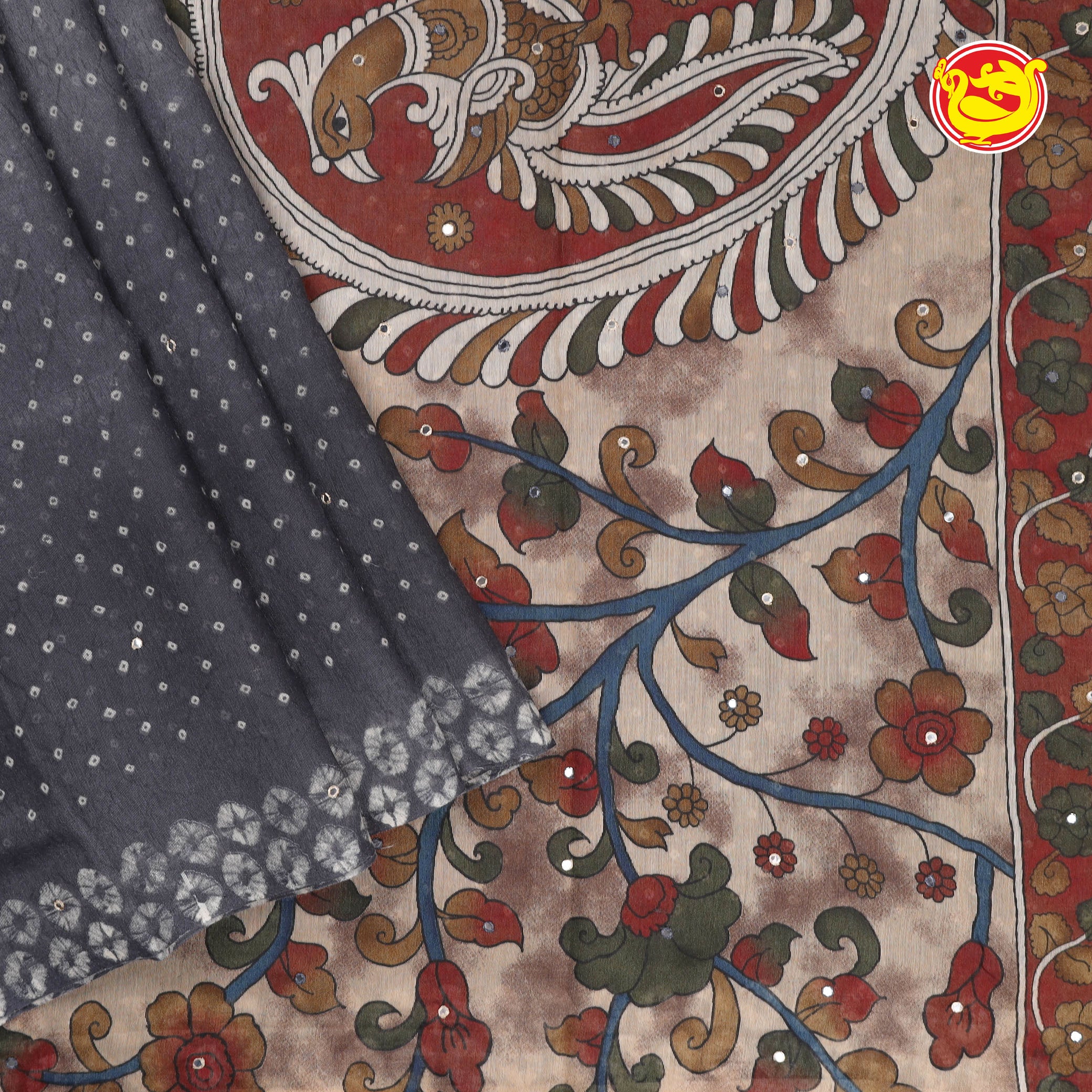 Grey bandhej and kalamkari printed semi linen sarees with mirror work