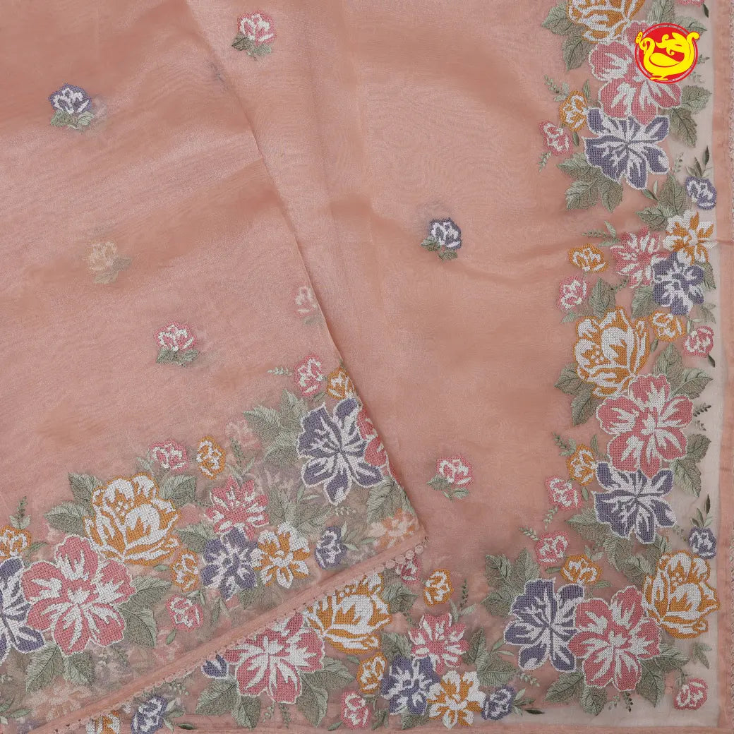 Peach with Embroidery work Buttas and Floral Design Tissue Saree