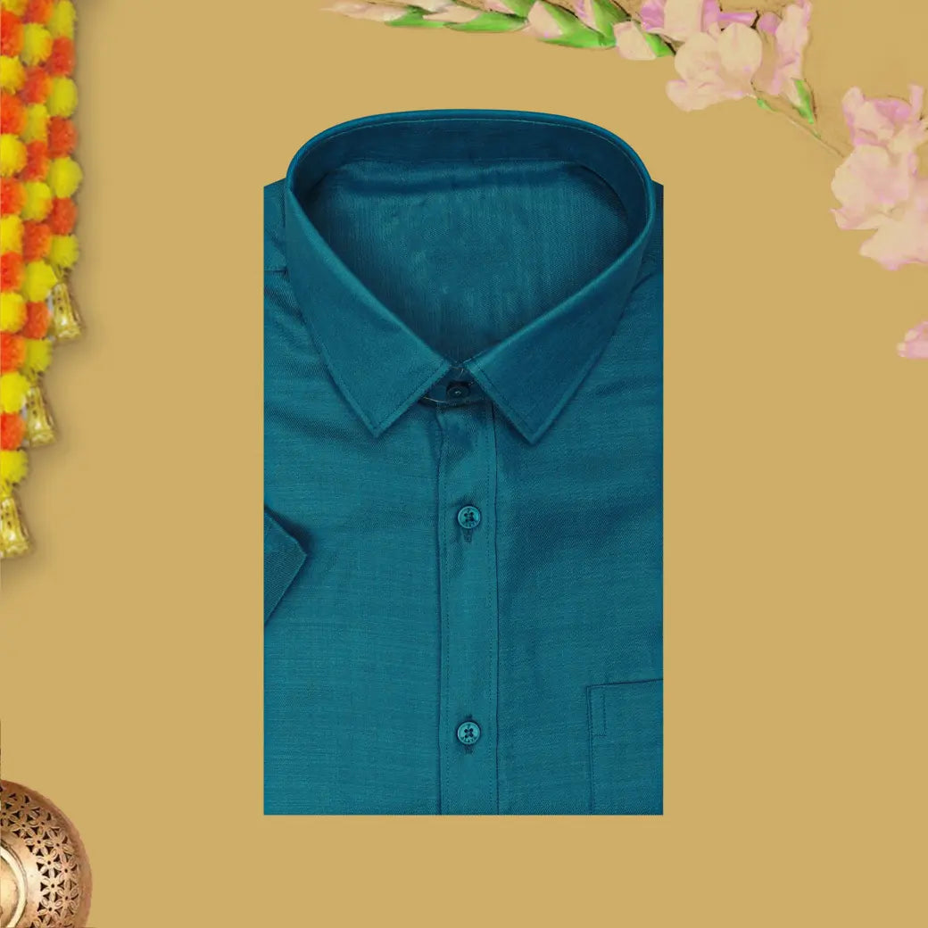 Green With Sandel Cotton Readymade Shirt and Singel Matching Border Dhoti Set For Men