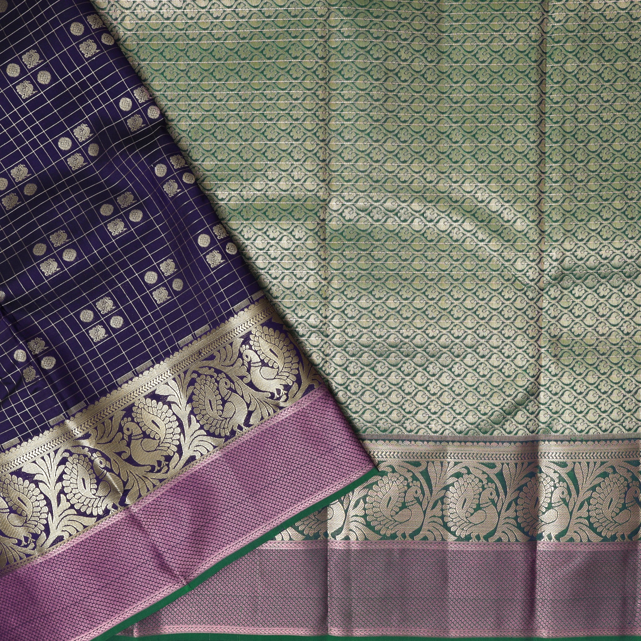 Dark Purple With  Green Gold Zari Yuvana Semi Soft Silk Saree