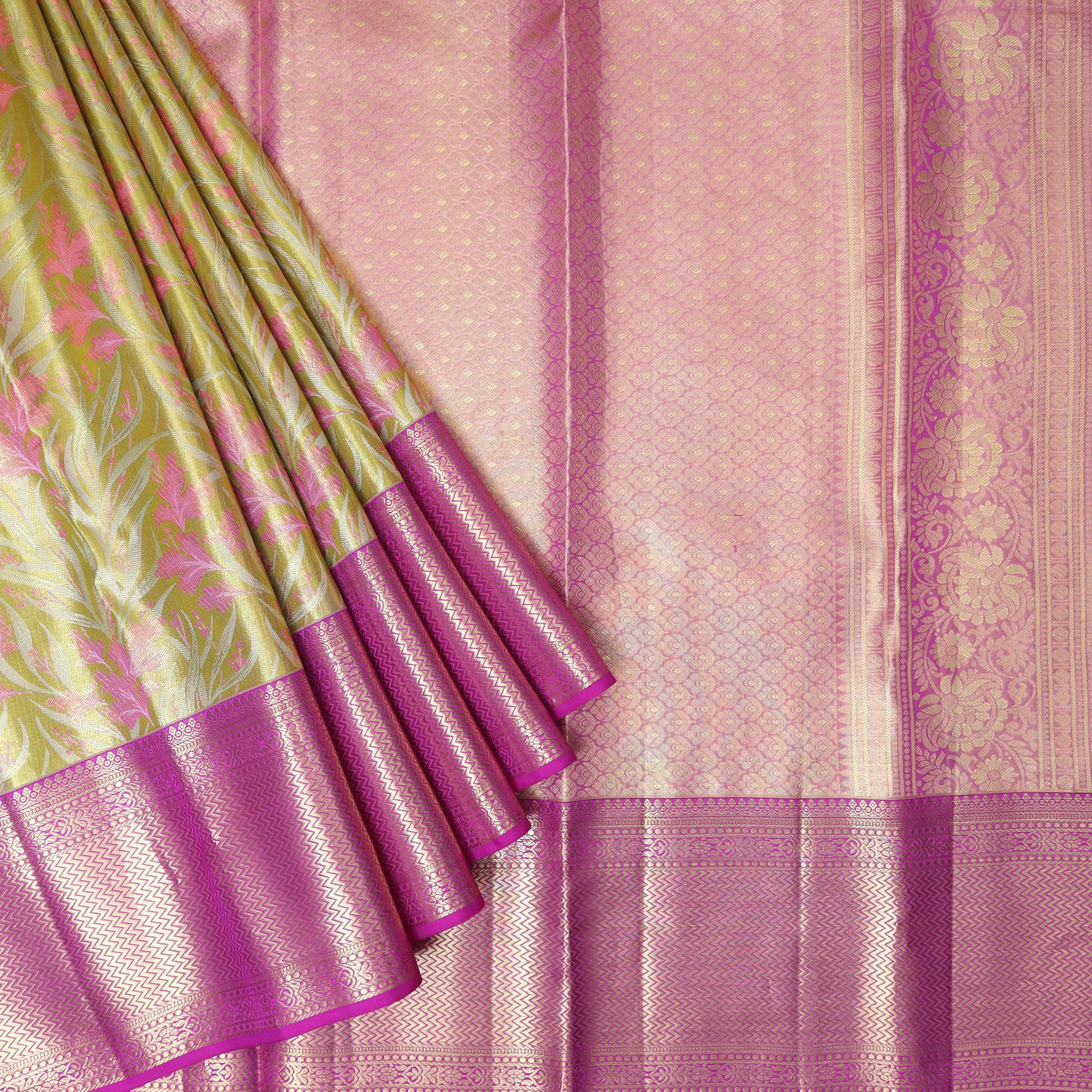 Light Green With Pink Golden Zari Border Wedding Silk Saree