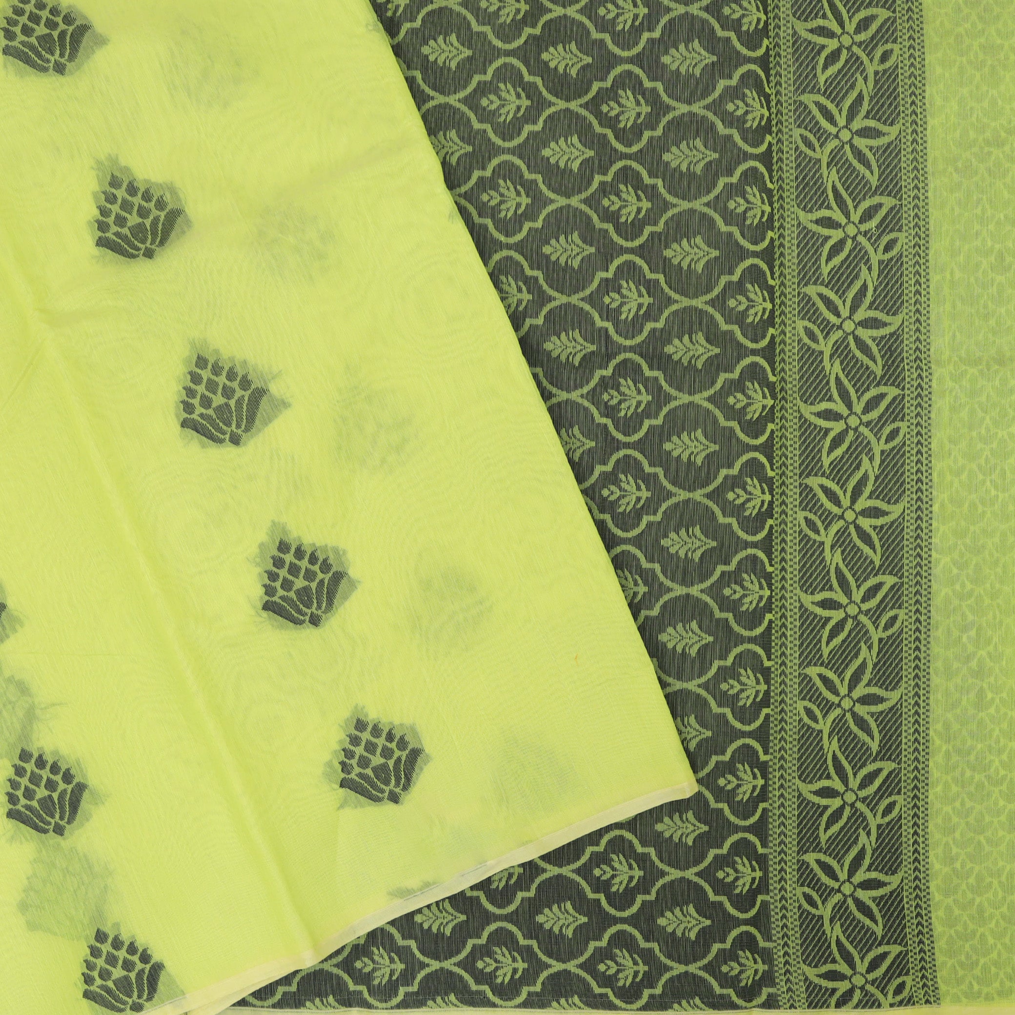 Lime green With Black Zari Silk Cotton Saree