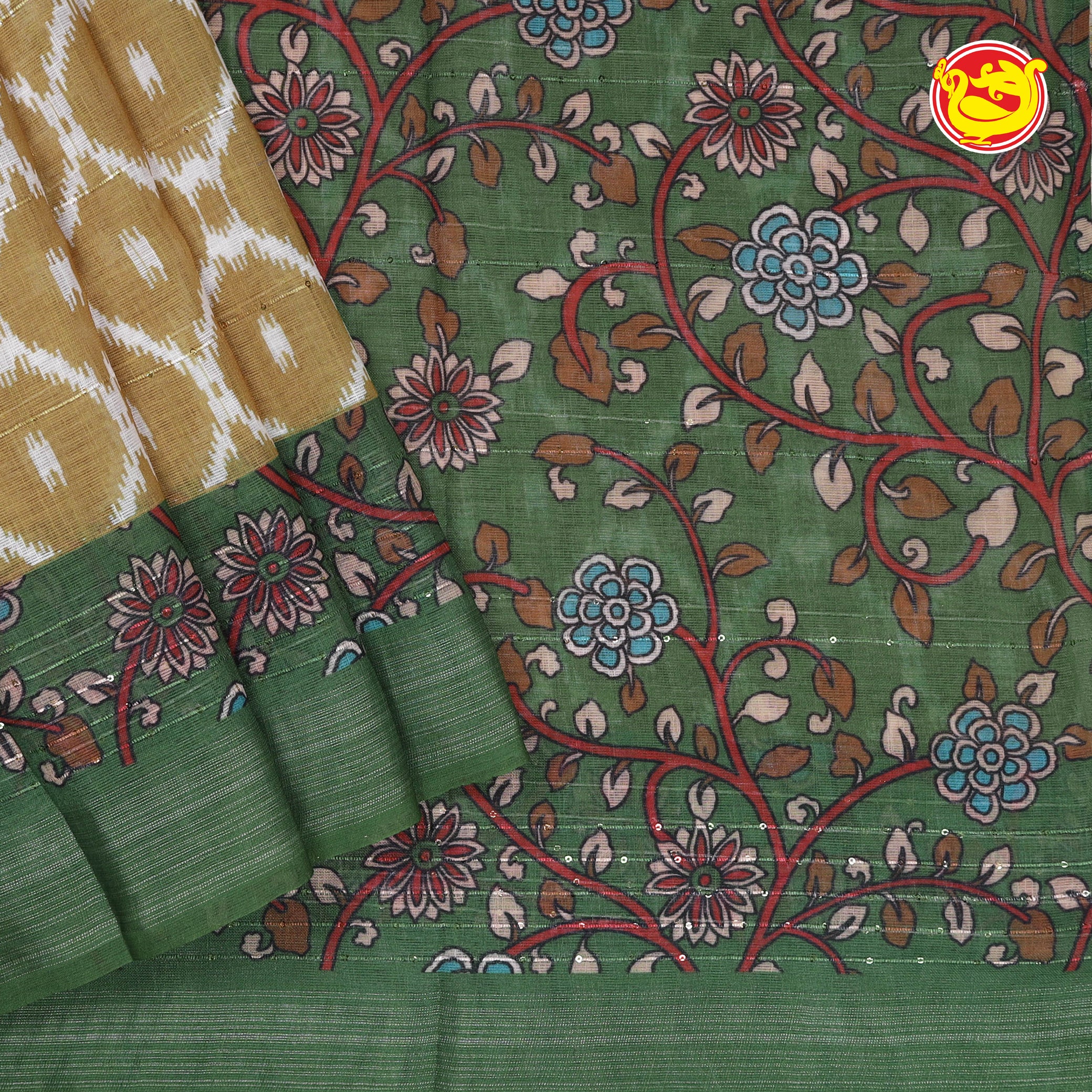 Light brown ikat style digital printed linen cotton saree