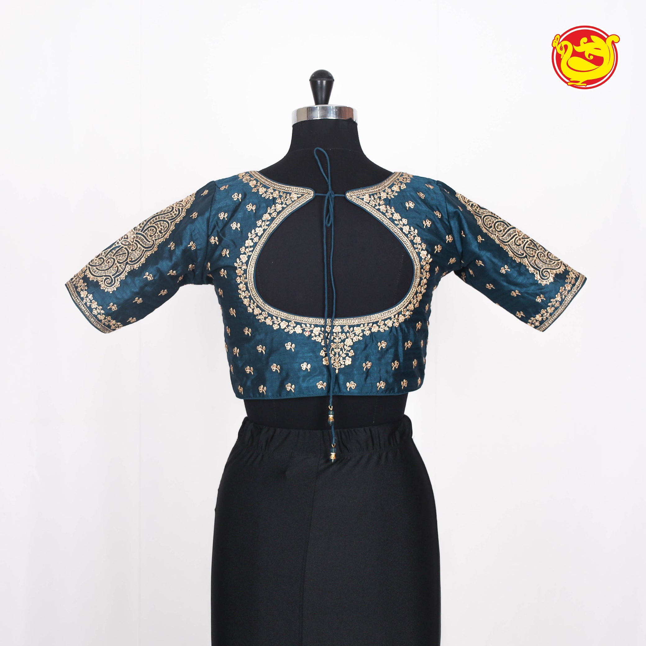 Navy Blue Embroidered readymade blouse with cut work in sleeves