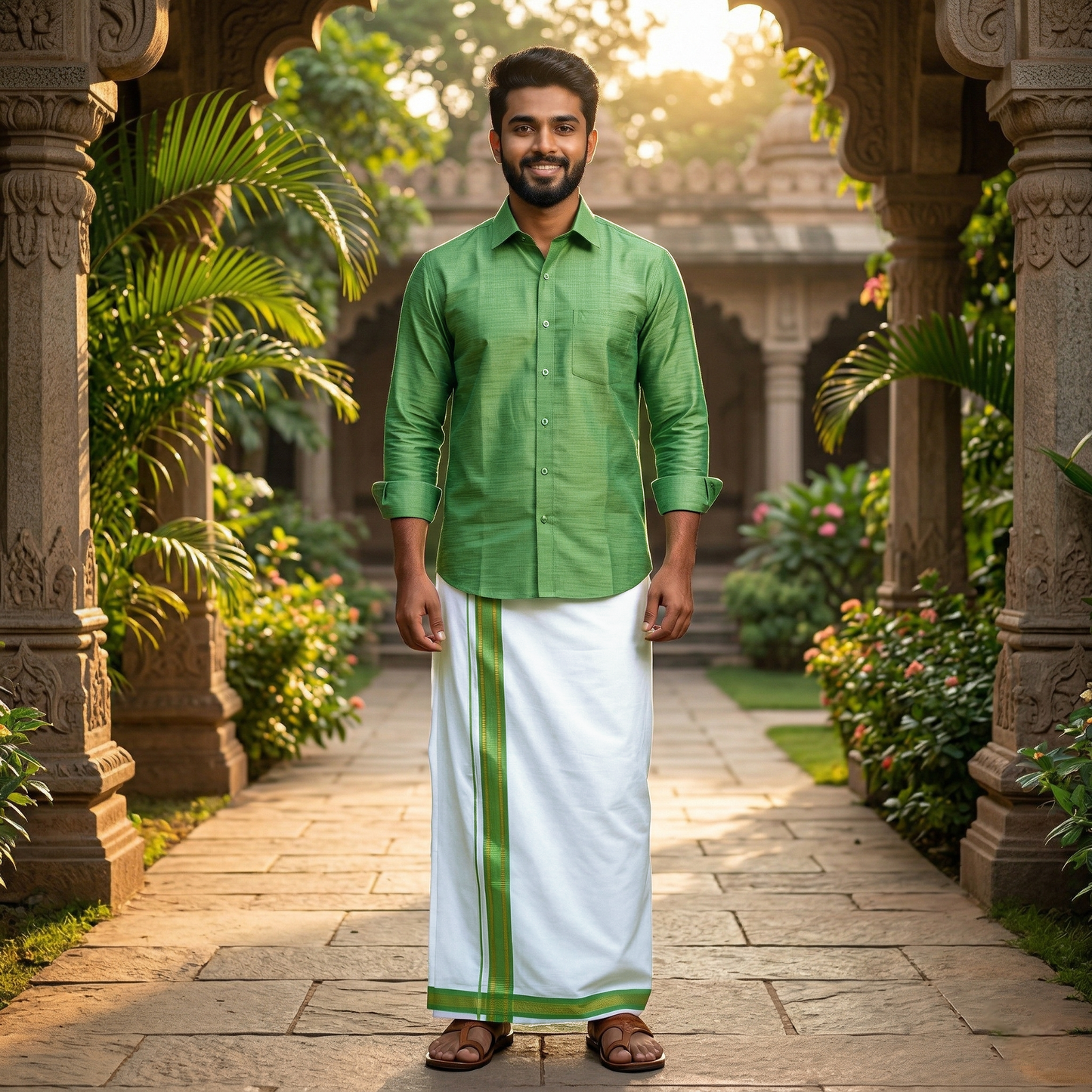 Light Green With White Dhoti Readymade Shirt And Matching Border Dhoti Set for Men