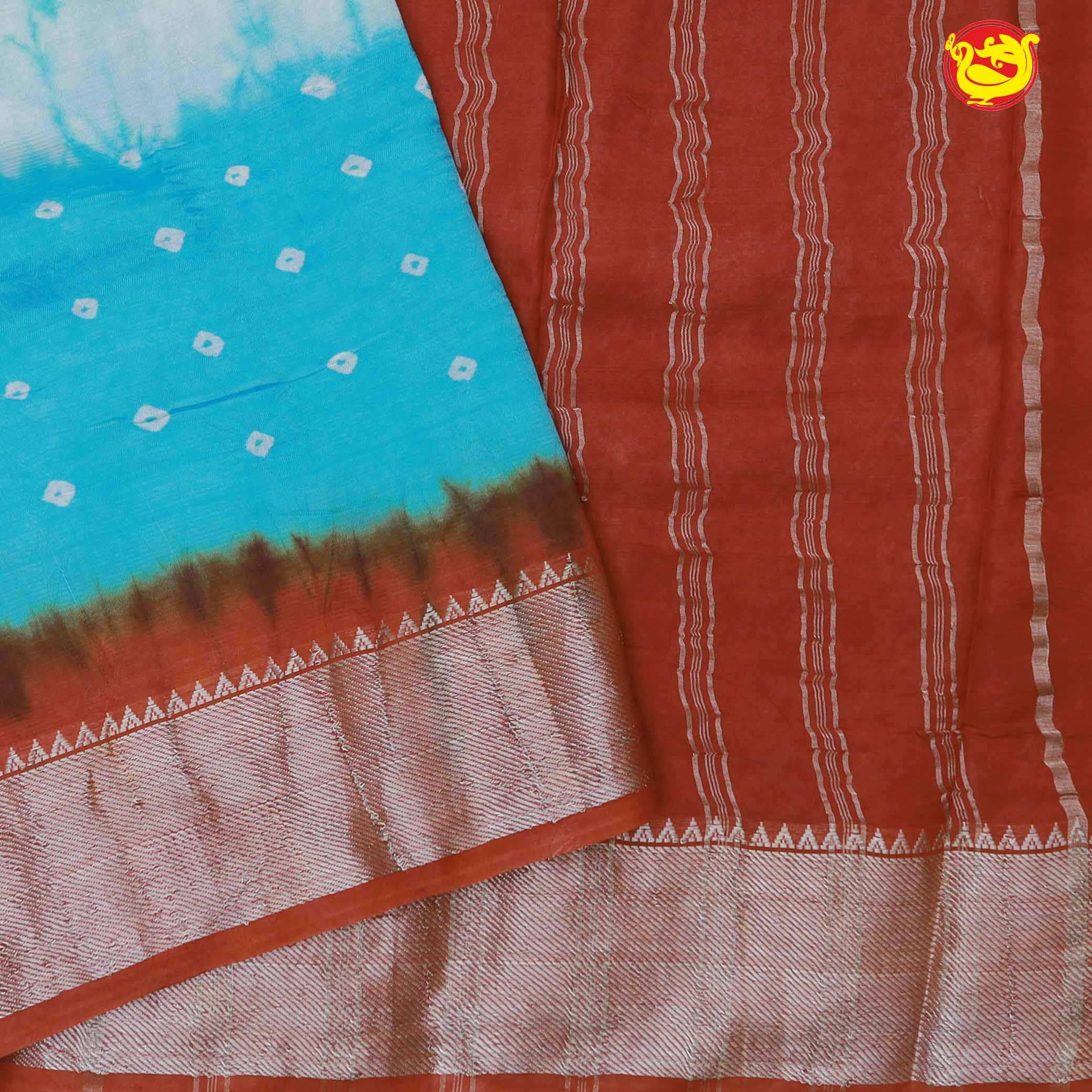 Turquoise blue with rust orange chanderi saree with tie and dye prints