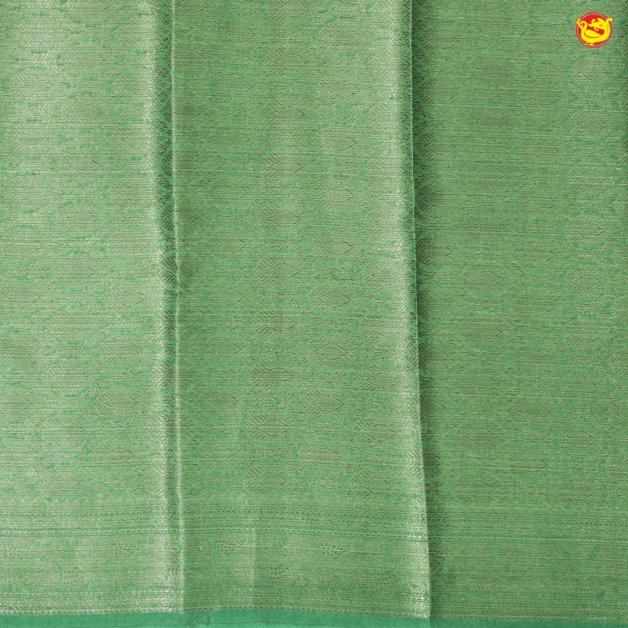 Unique Green Chanderi Silk Saree with Floral Motifs and Copper Zari Border - Thenianantham