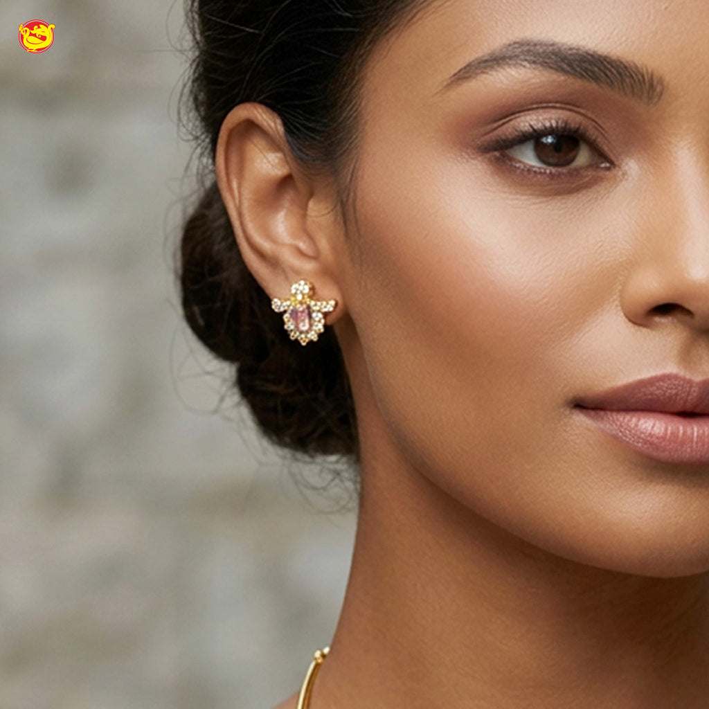 Gold With Pink Stone Work Choker Necklace Matching earrings Set