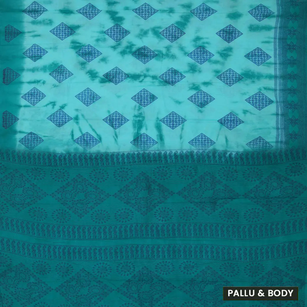 Teal Blue - Bluish Green Sungudi Cotton Saree without Blouse