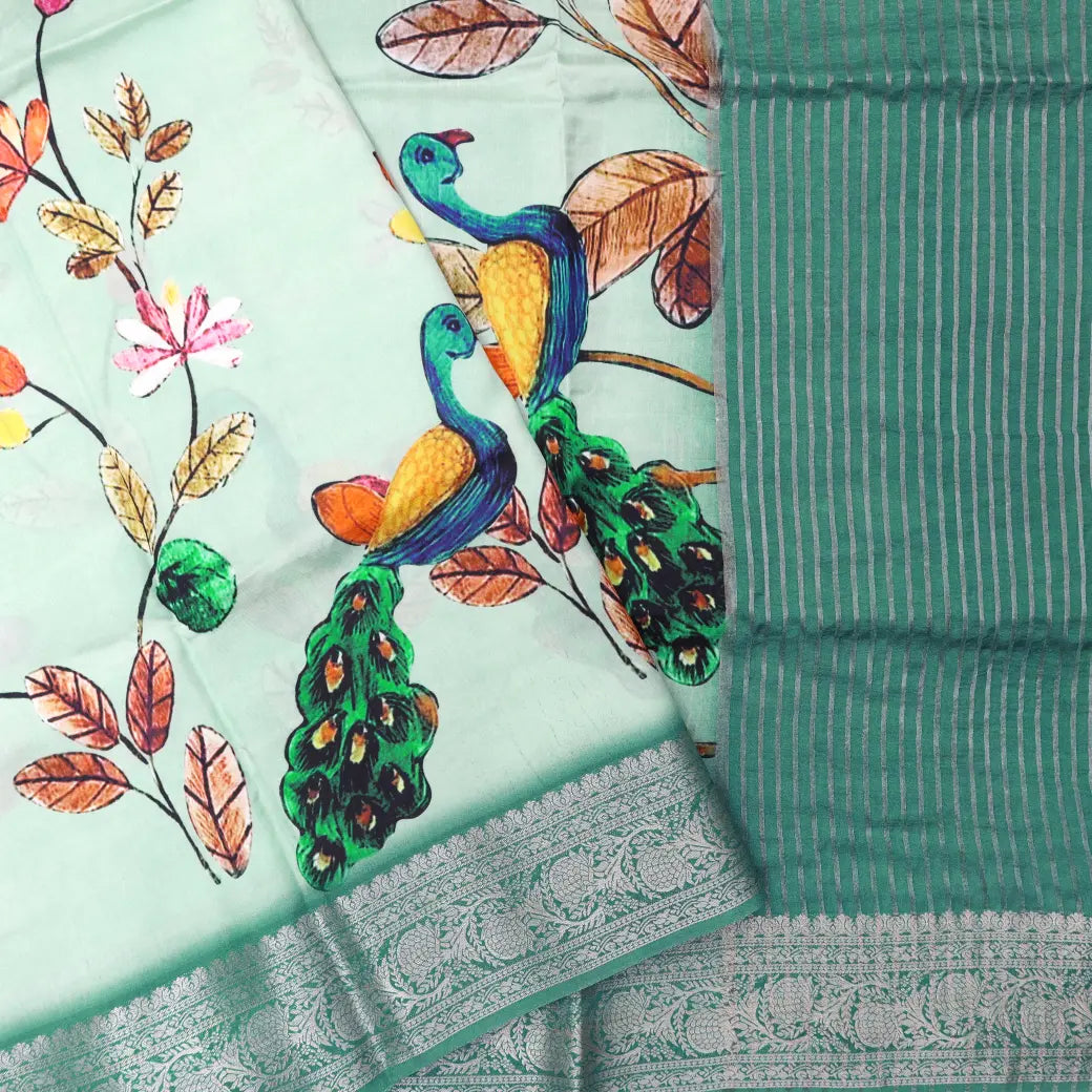 Very Pale Green with Light Green Floral &Peacock Design Dola Silk Saree