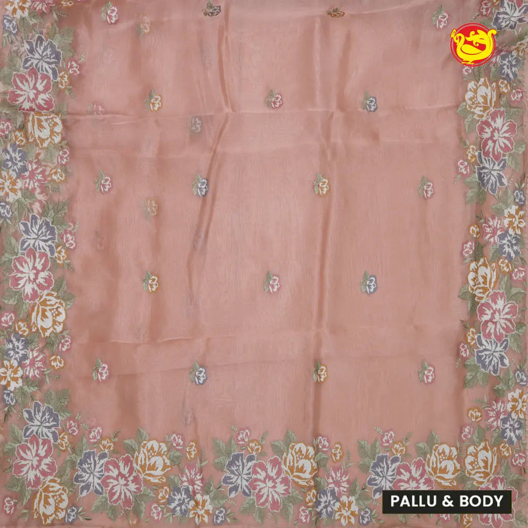 Peach with Embroidery work Buttas and Floral Design Tissue Saree