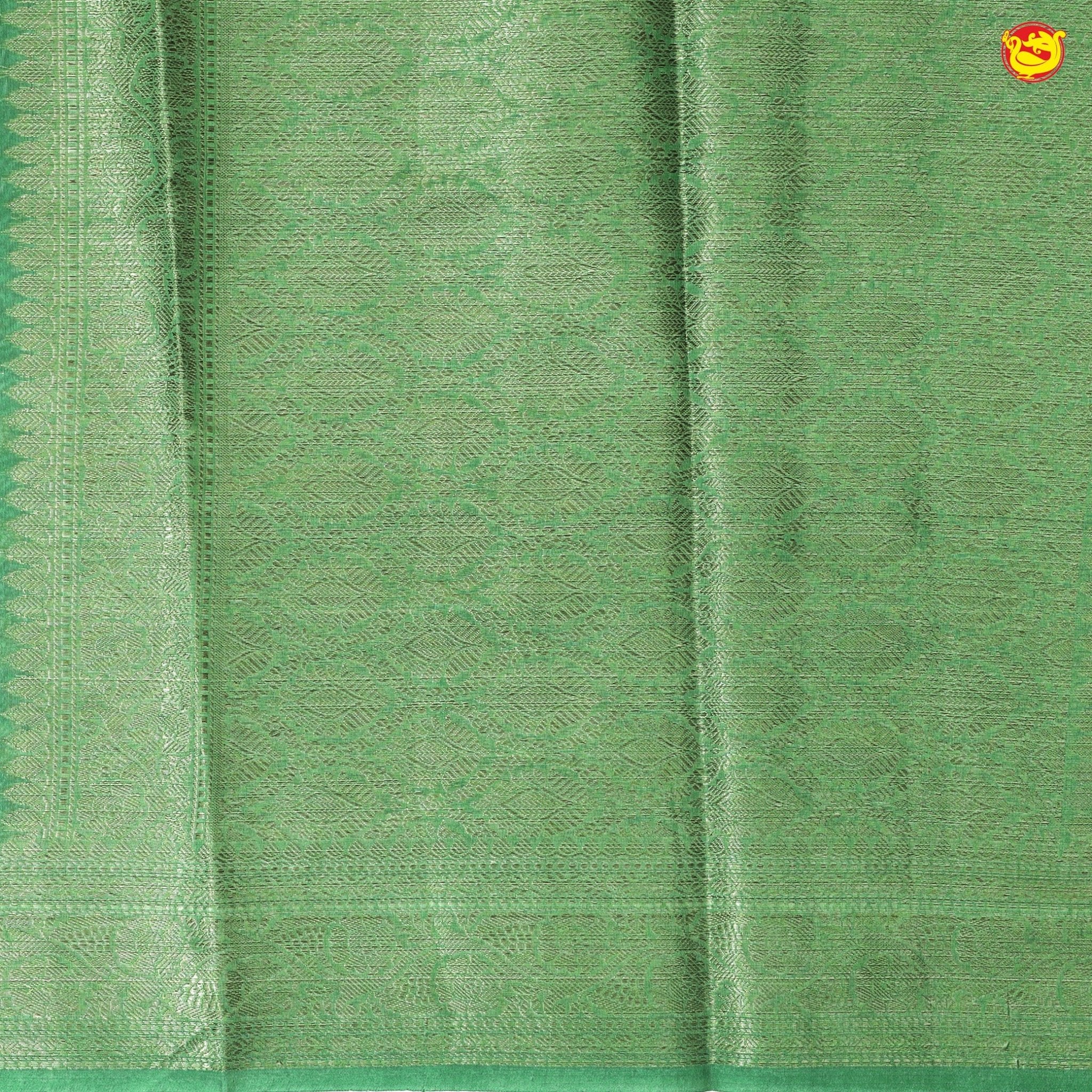 Unique Green Chanderi Silk Saree with Floral Motifs and Copper Zari Border - Thenianantham