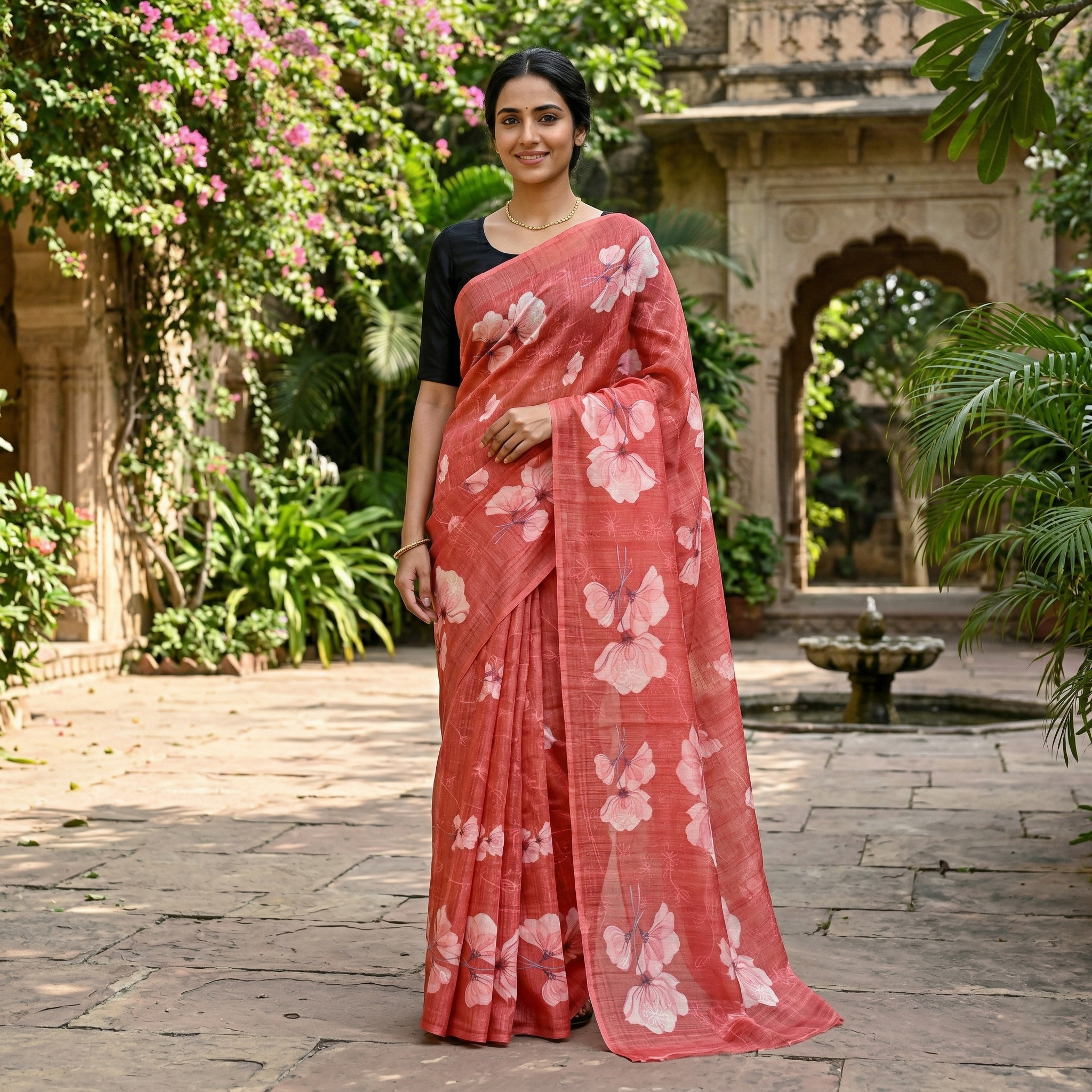 Terracotta Red with Floral Design Trendy Tissue Fancy Saree