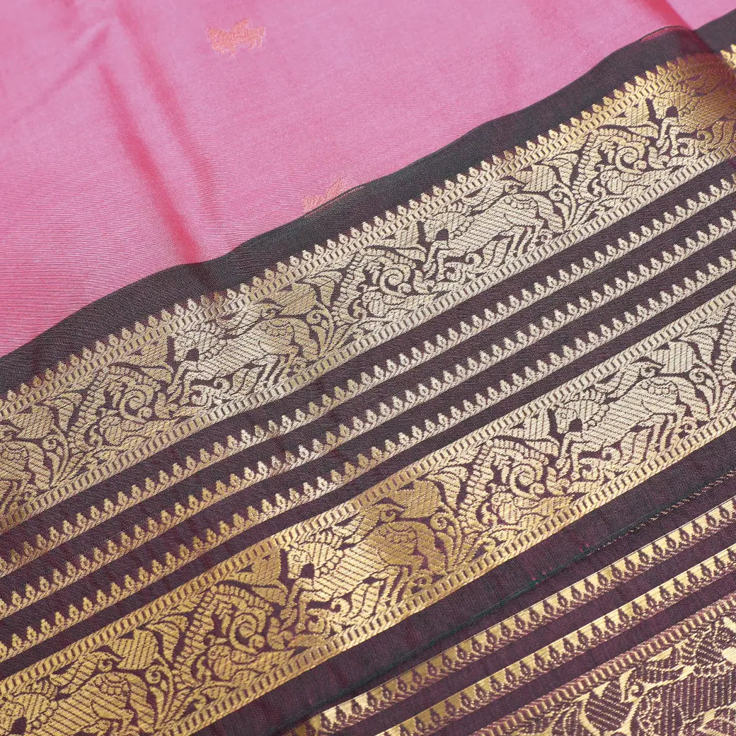 Pink With Coffee Brown Copper Zari Border Soft Silk Saree