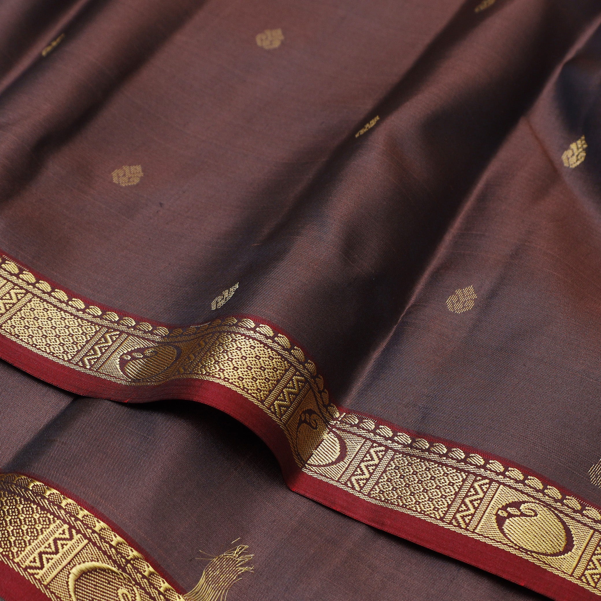 Dark Brown With Maroon Gold Zari Yuvana Semi Soft Silk Saree