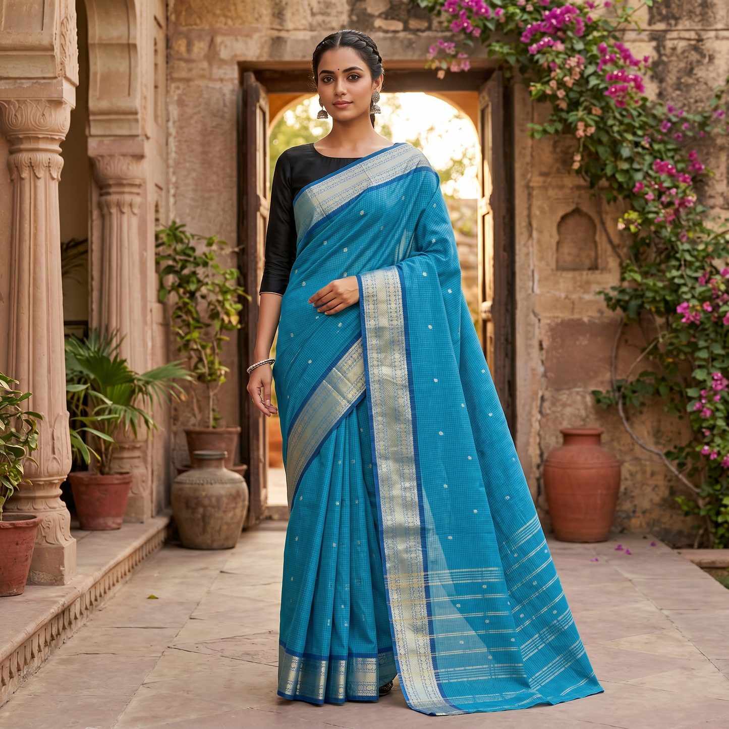 Peacock Blue With Copper Zeri Contrast Border Pure Cotton  Saree