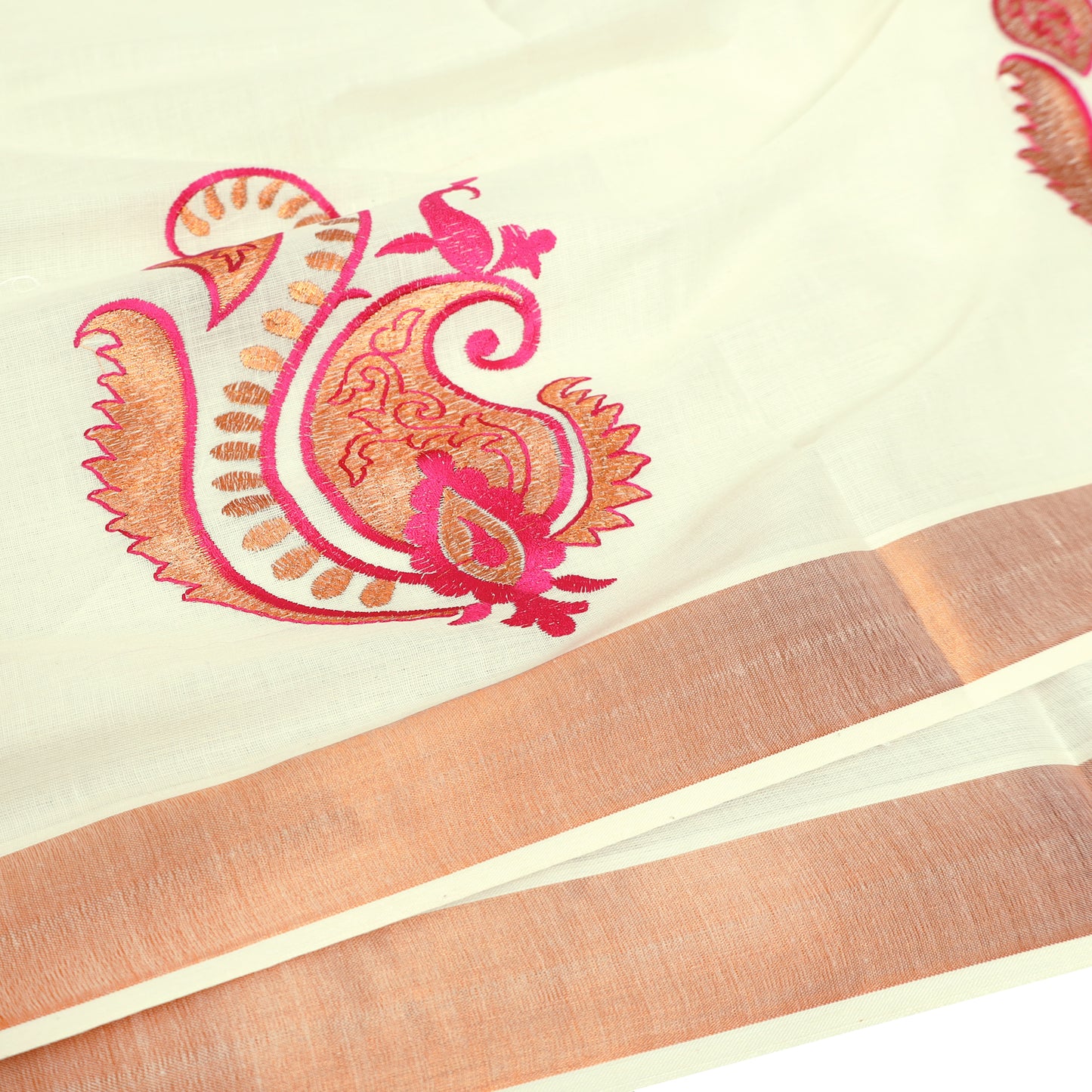 Off White With Pink Mango paisley thread small Foral Design traditional kerala onam saree