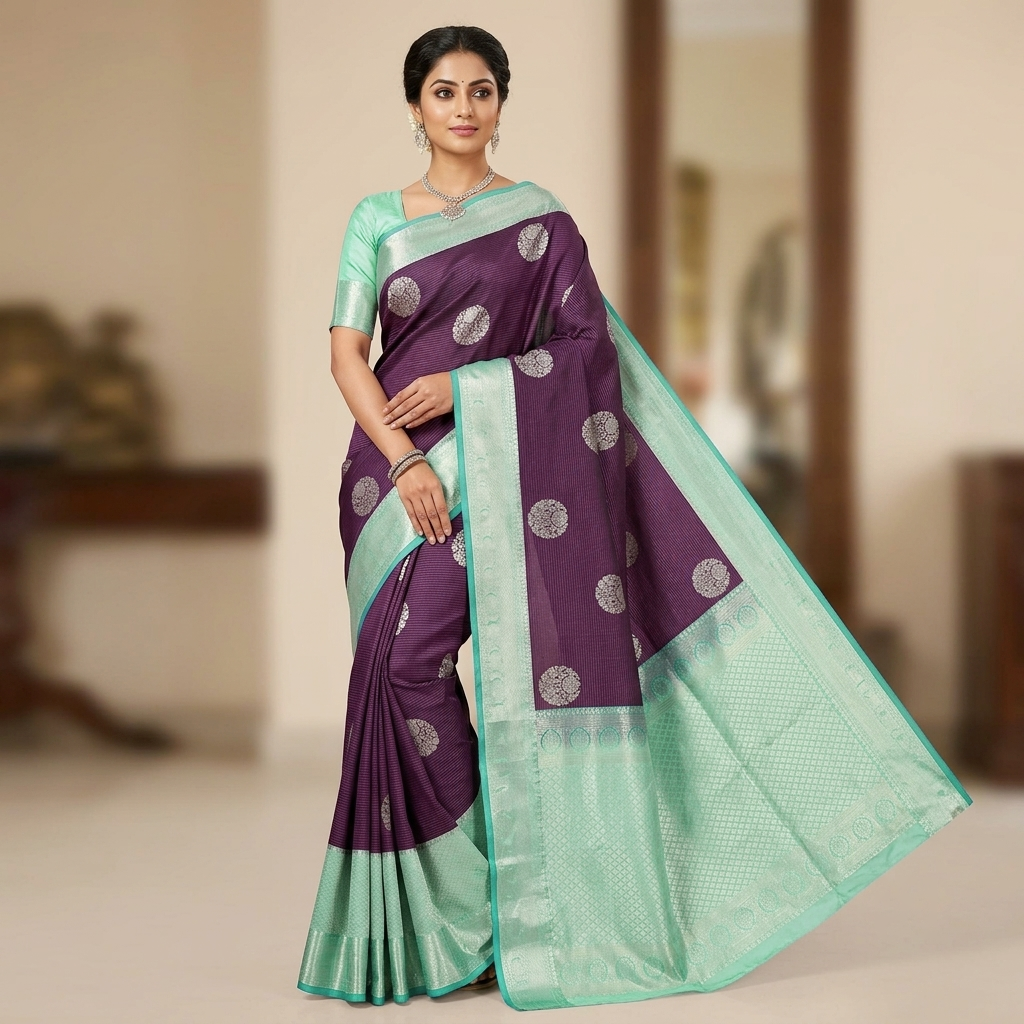 Purple with Sea Green Soft Silk Saree
