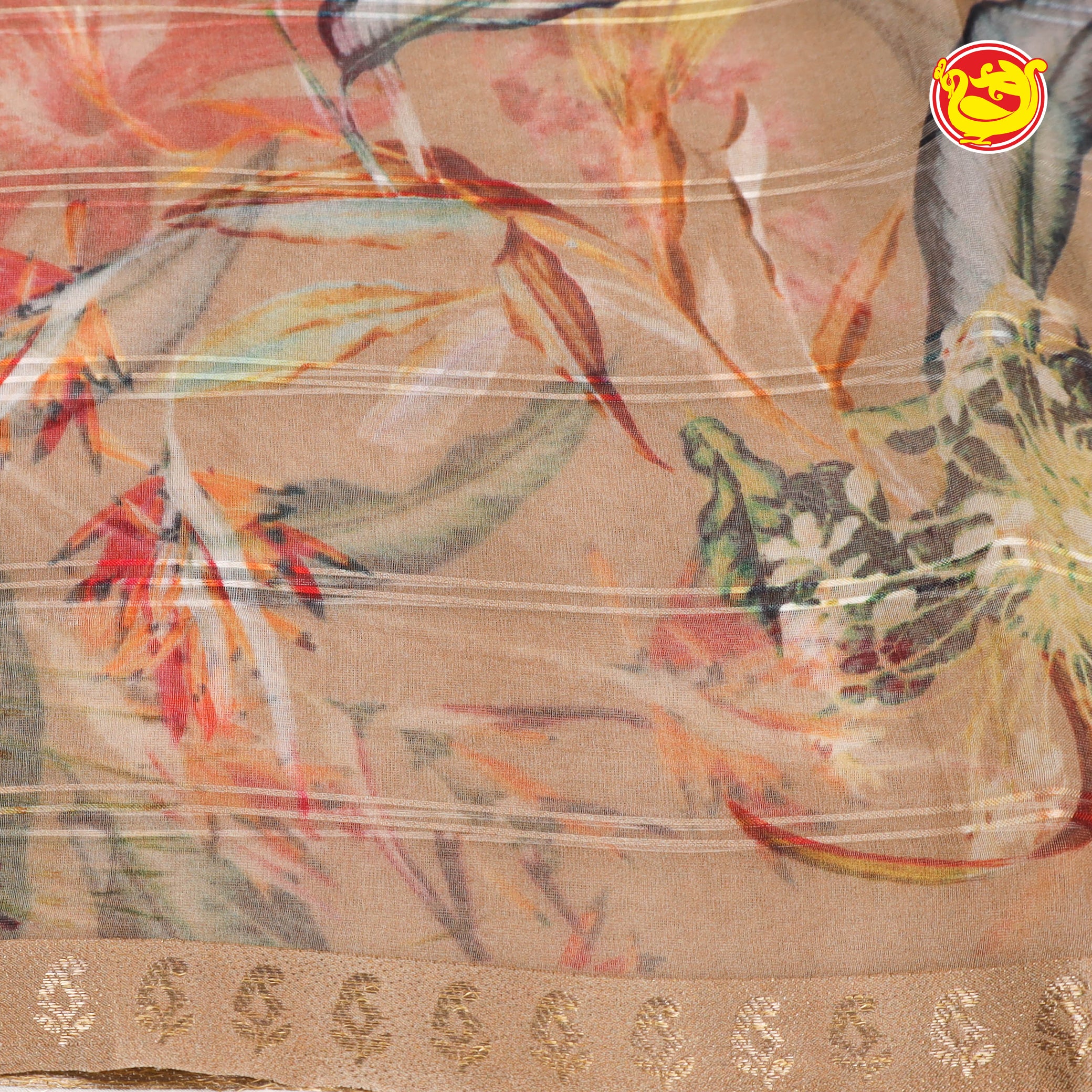 Pastel brown with floral digital prints pure organza silk saree