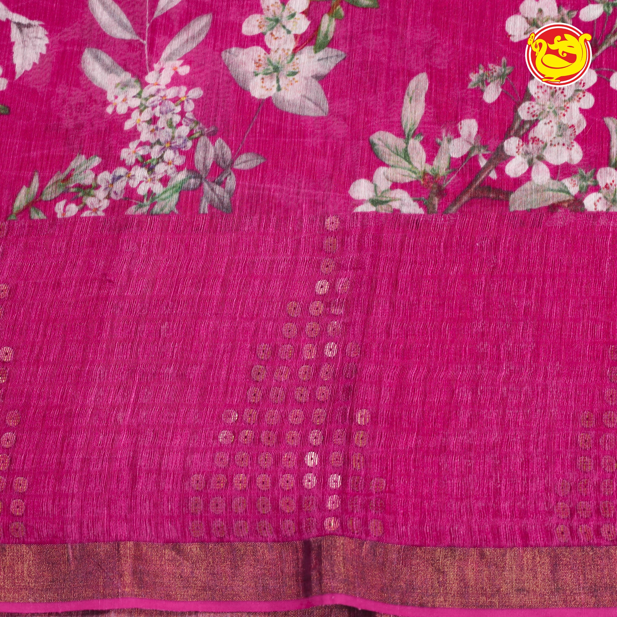 Pink linen silk saree with floral digital prints and sequence weaving