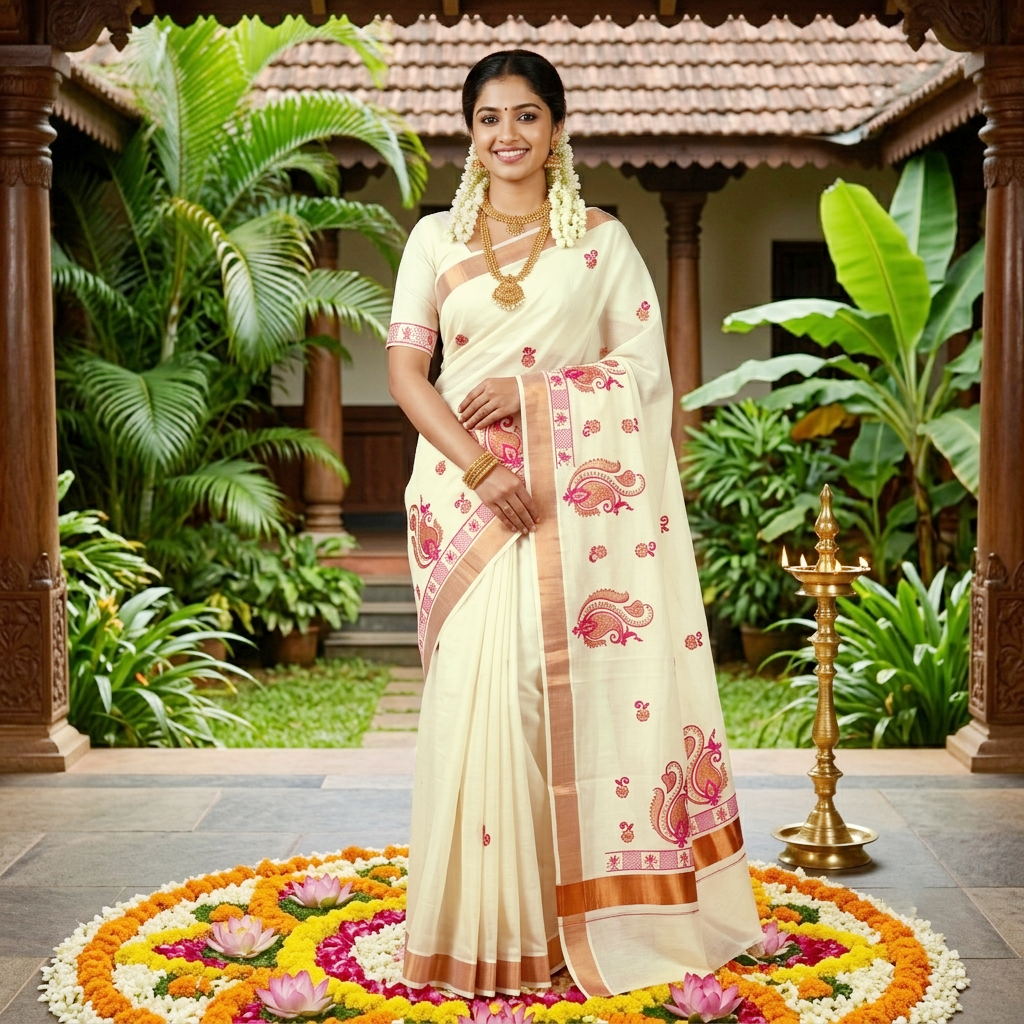 Off White With Pink Mango paisley thread small Foral Design traditional kerala onam saree