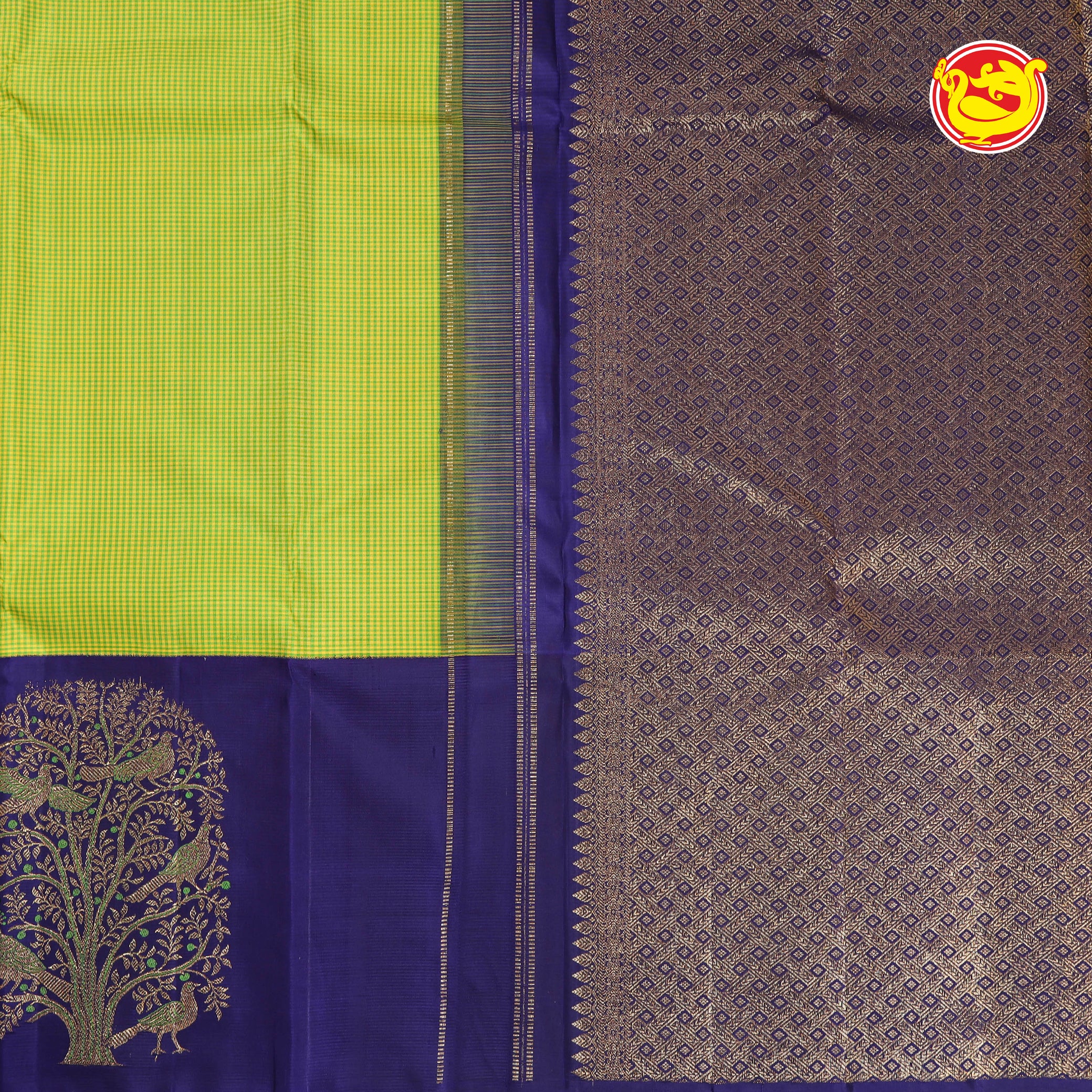 Lime green saree with navy blue soft silk