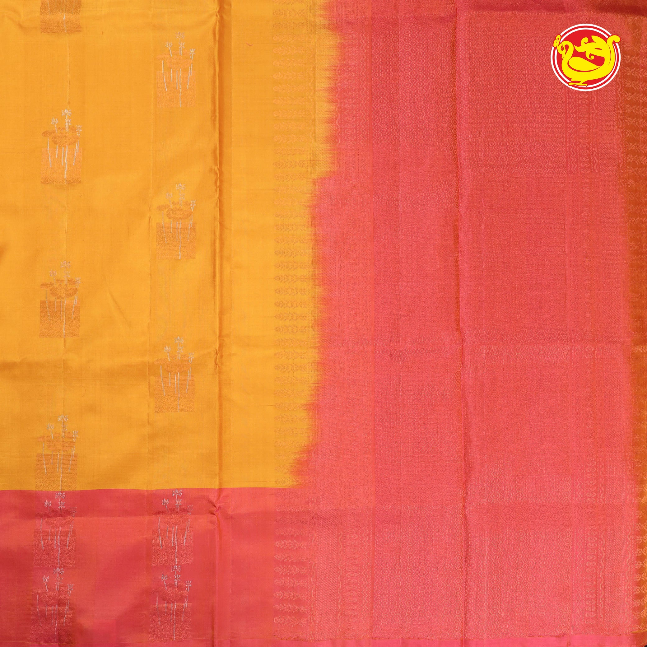Yellow with coral red soft silk saree
