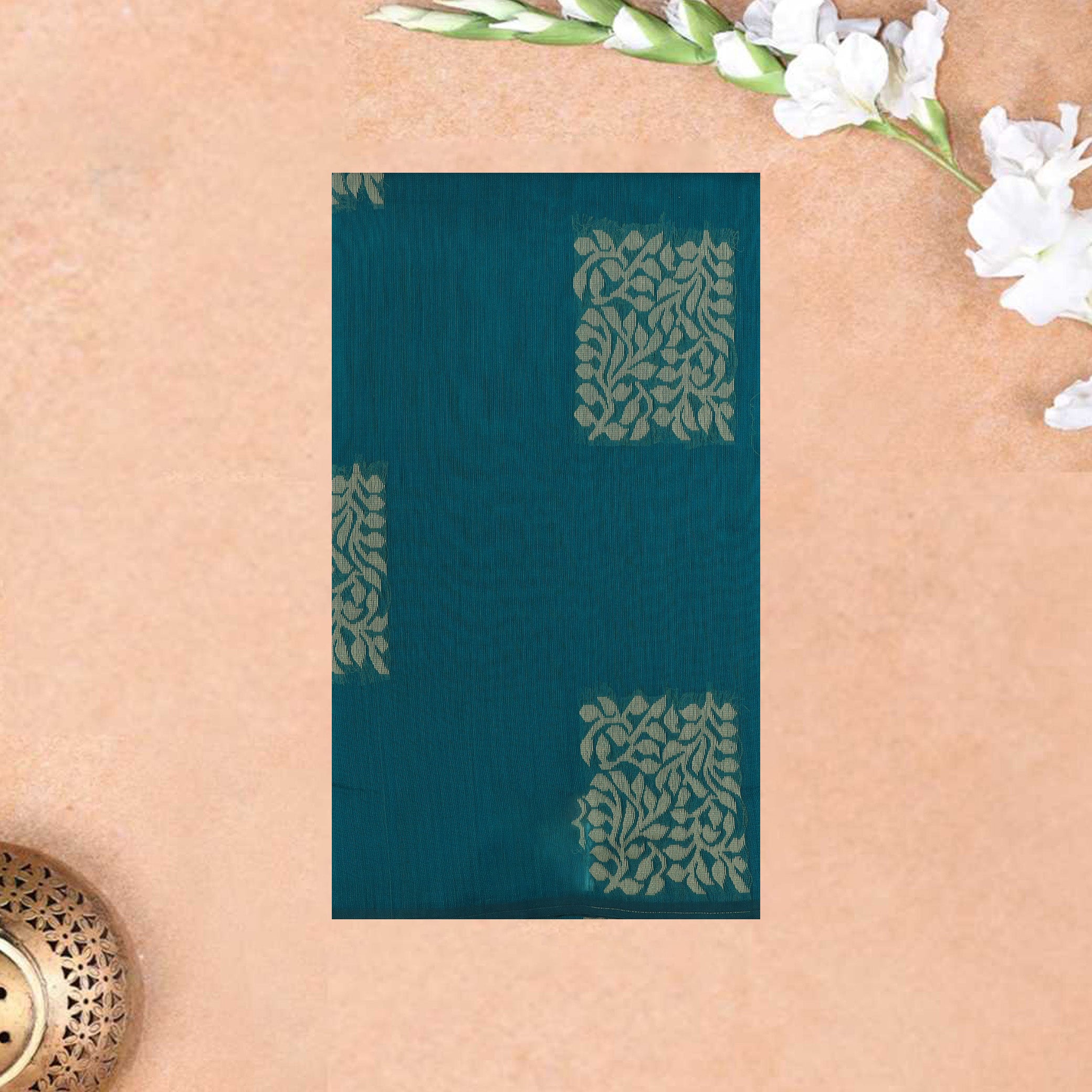 Teal blue With Sandal Zari Silk Cotton Saree