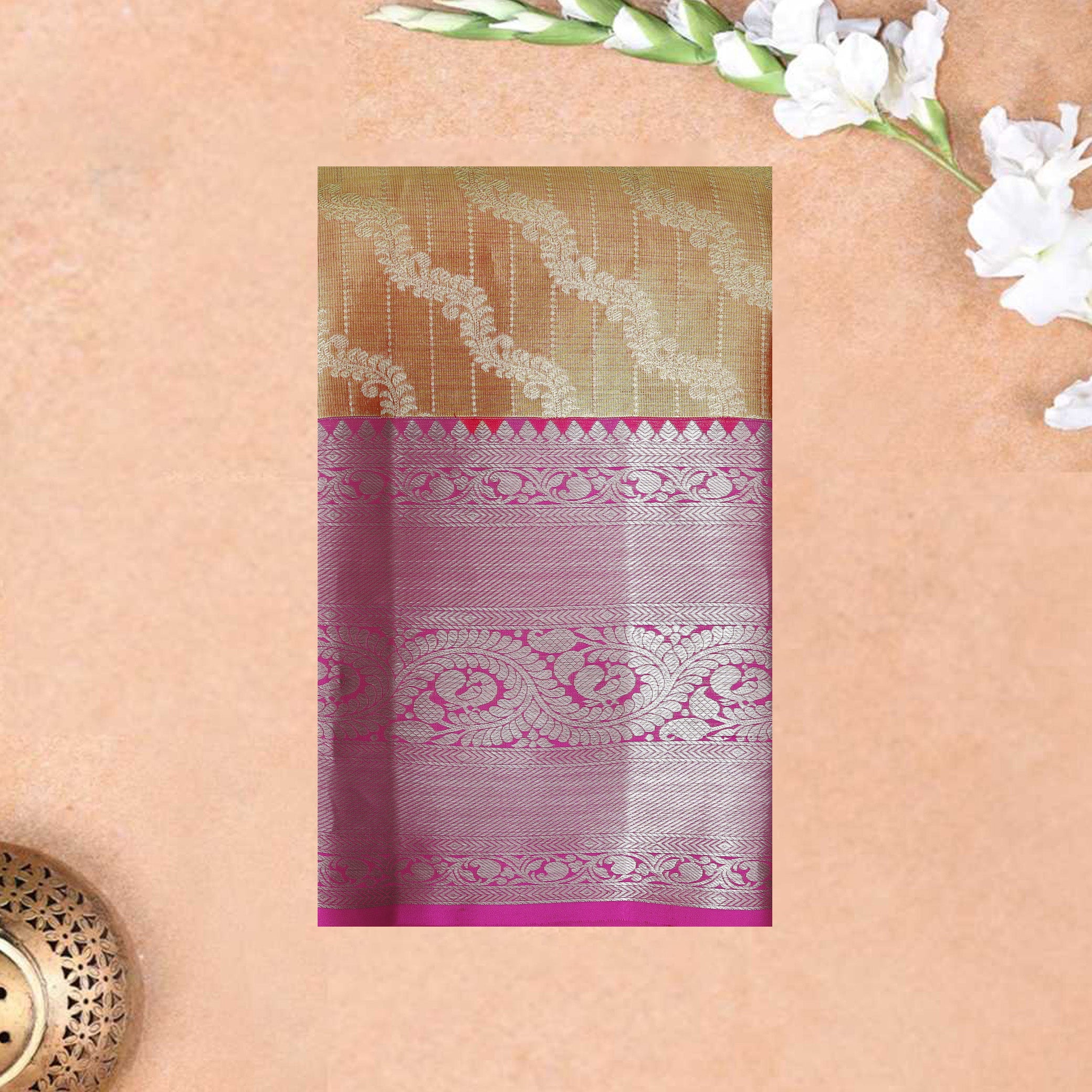Gold With Pink Golden Zari Border Wedding Silk Saree