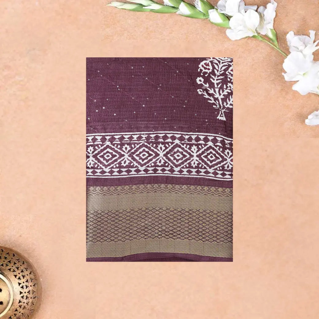 Brown with Sequence Printed Semi Dola Silk Saree