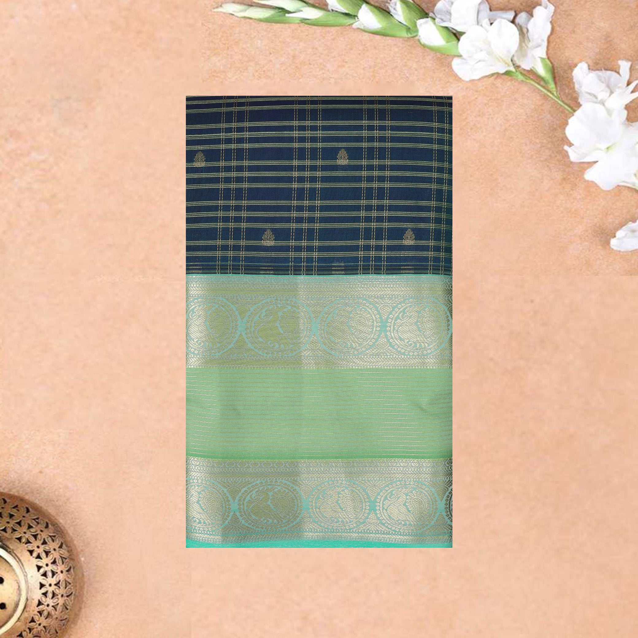 Moss Green With  Teal Green Gold Zari Yuvana Semi Soft Silk Saree