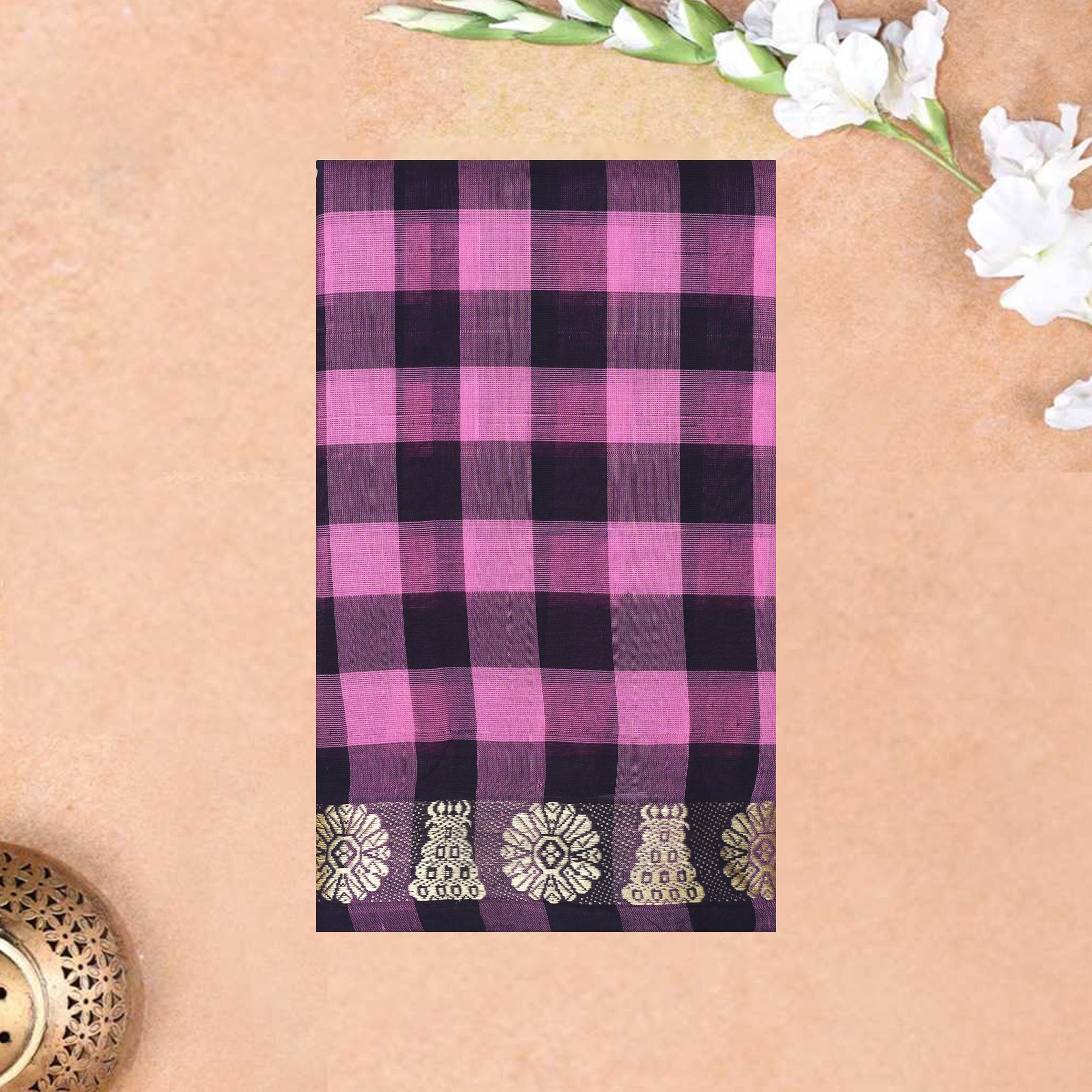 Pink-Block Small Checked Pattern Pure Chettinad Cotton Saree without Blouse