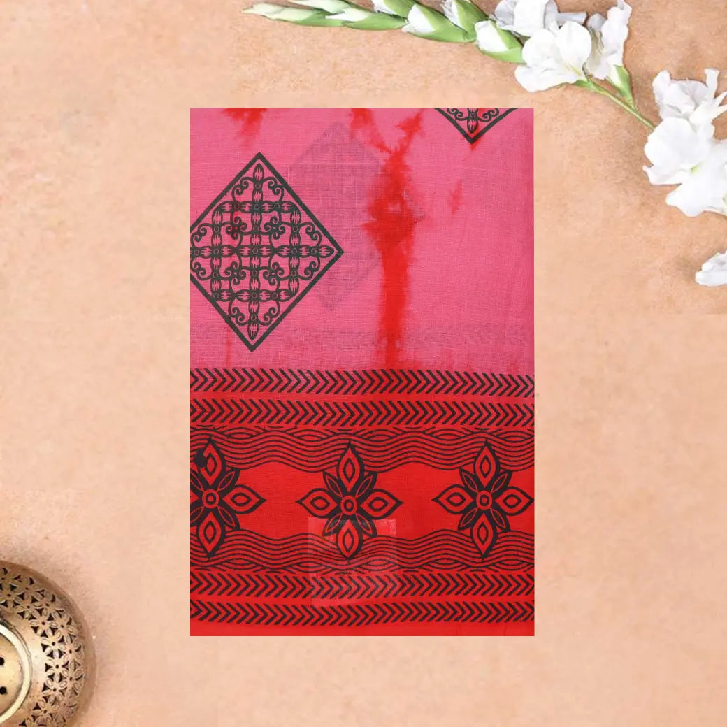 pink with red Sungudi Cotton Saree without Blouse