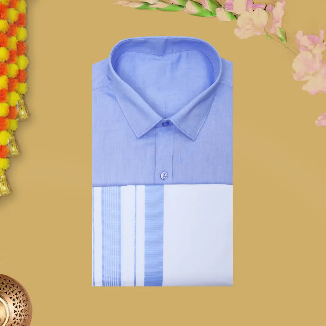 Blue With White Cotton Readymade Shirt and Double Matching Border Dhoti Set For Men