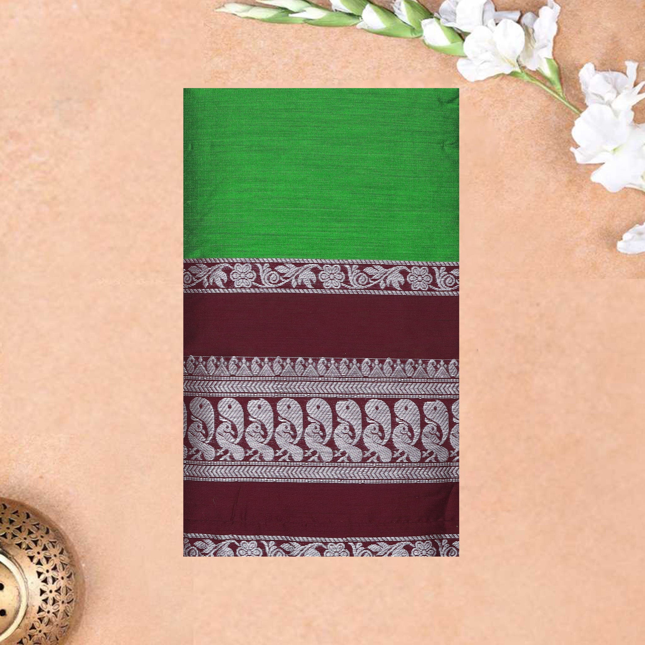 Green for the body and Maroon Premium Quality Kalyani Cotton Saree
