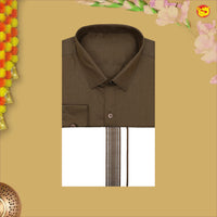Brown With White Readymade Shirt And Matching Border Dhoti Set for Men