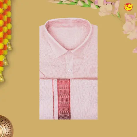 Petal Pink Colour Readymade Shirt And Matching Border Dhoti Set for Men