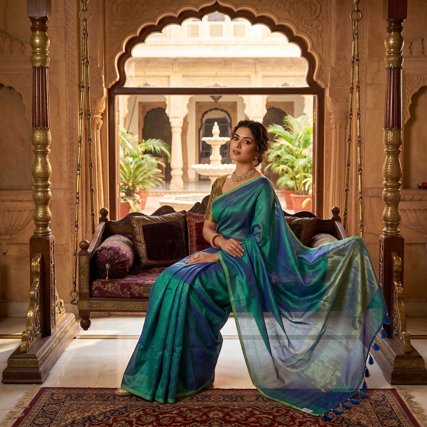 Green Colour   Khadi Tissue  Saree