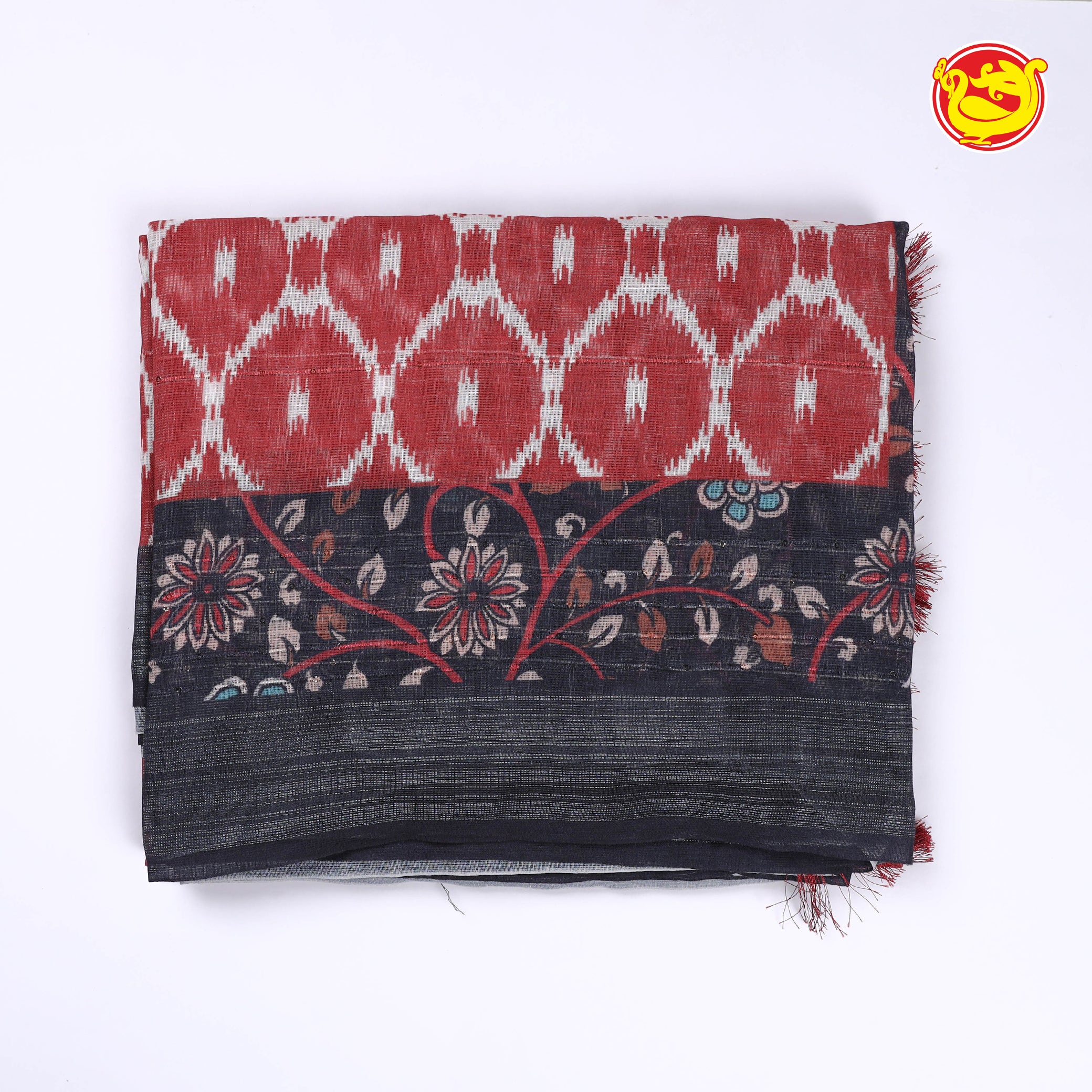 Red with black ikat style digital printed linen cotton saree