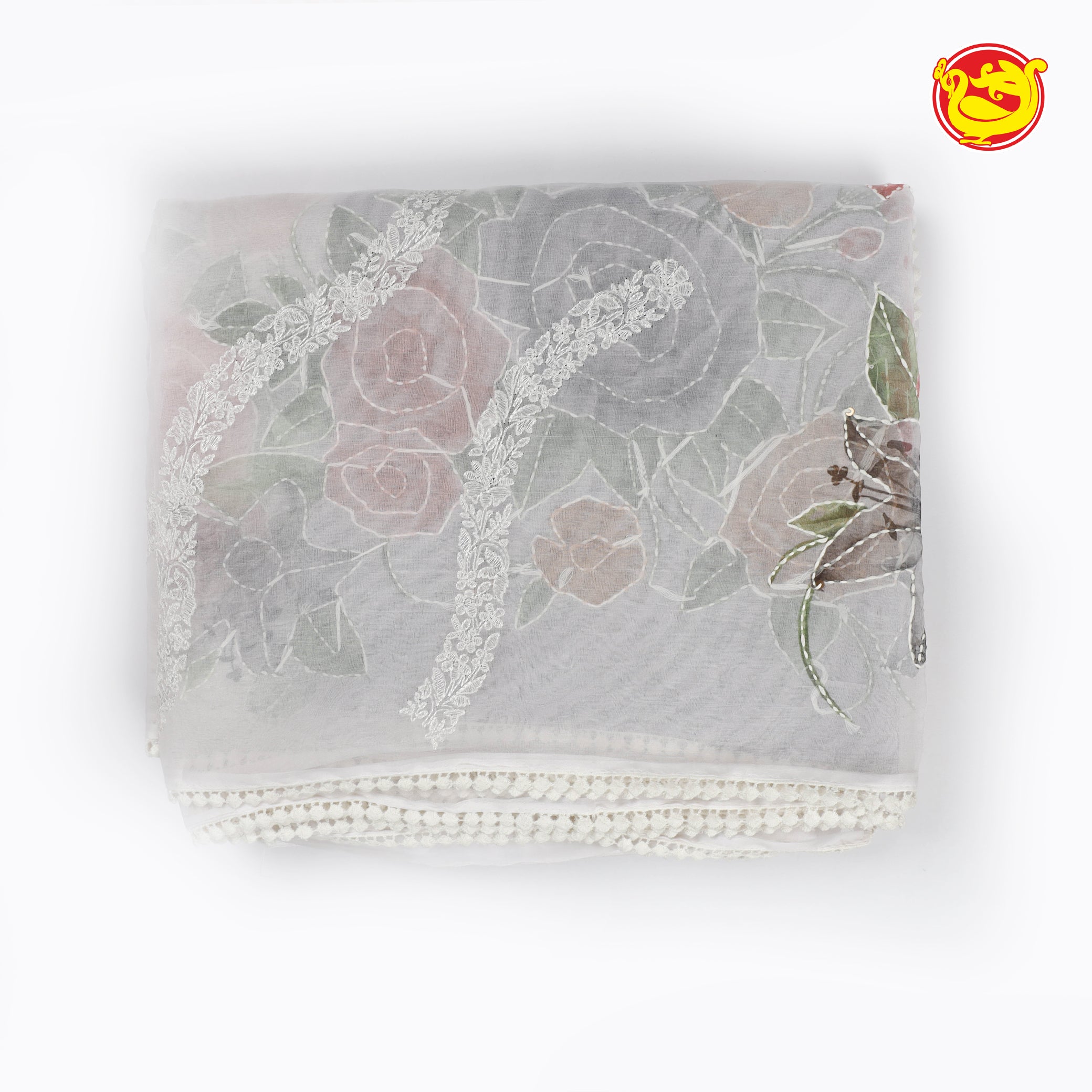 white organza saree with embroidery
