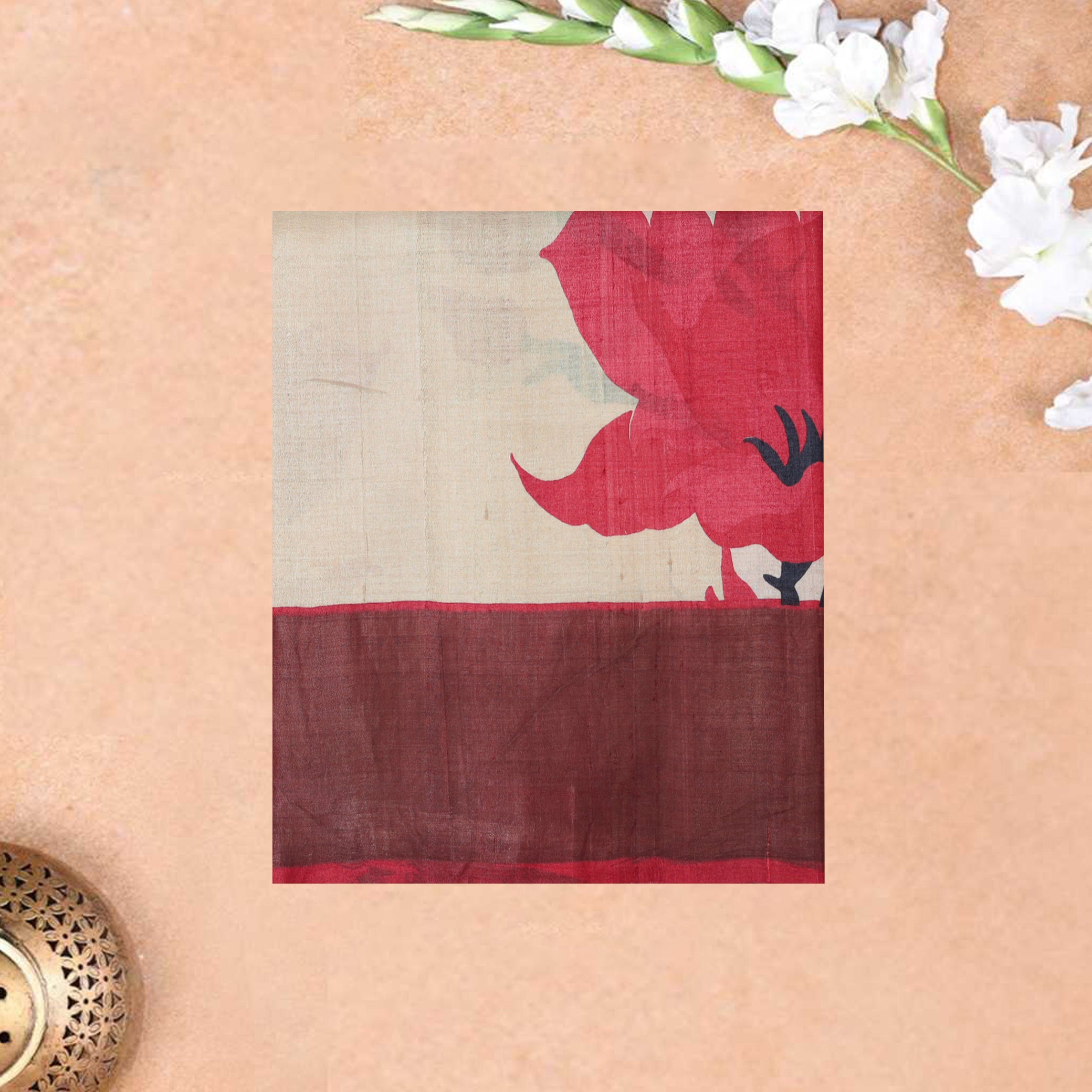 Pure Tussar Silk Saree Sandal and Red Shade With Floral Design and Painted Prints and Zari Woven Border