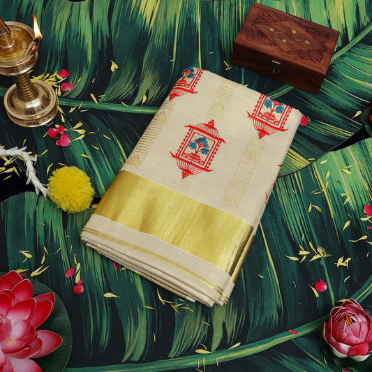 Off White With Gold Ethnic Hanging Brass Lamp  traditional kerala onam saree