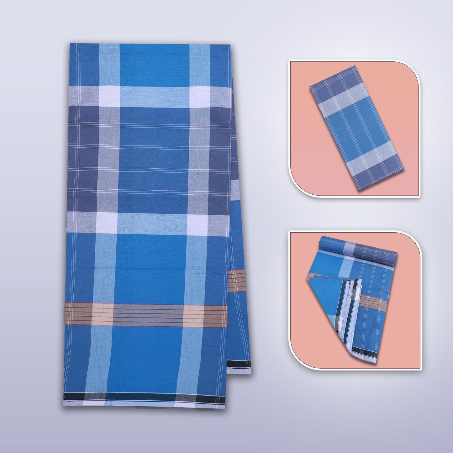 Men’s Royal Blue With Grey Checked Cotton Stitched Lungi