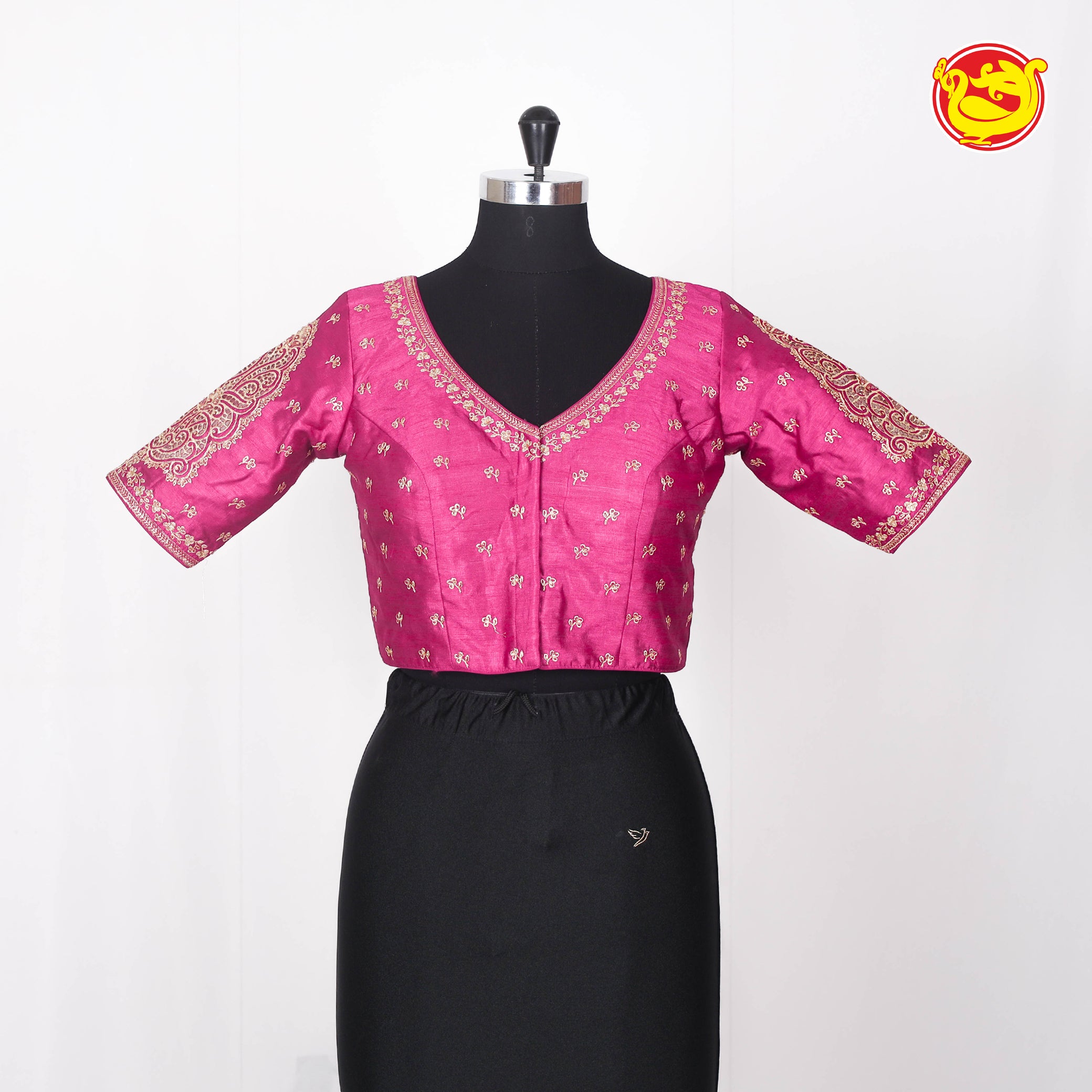 Magenta Pink Embroidered readymade blouse with cut work in sleeves