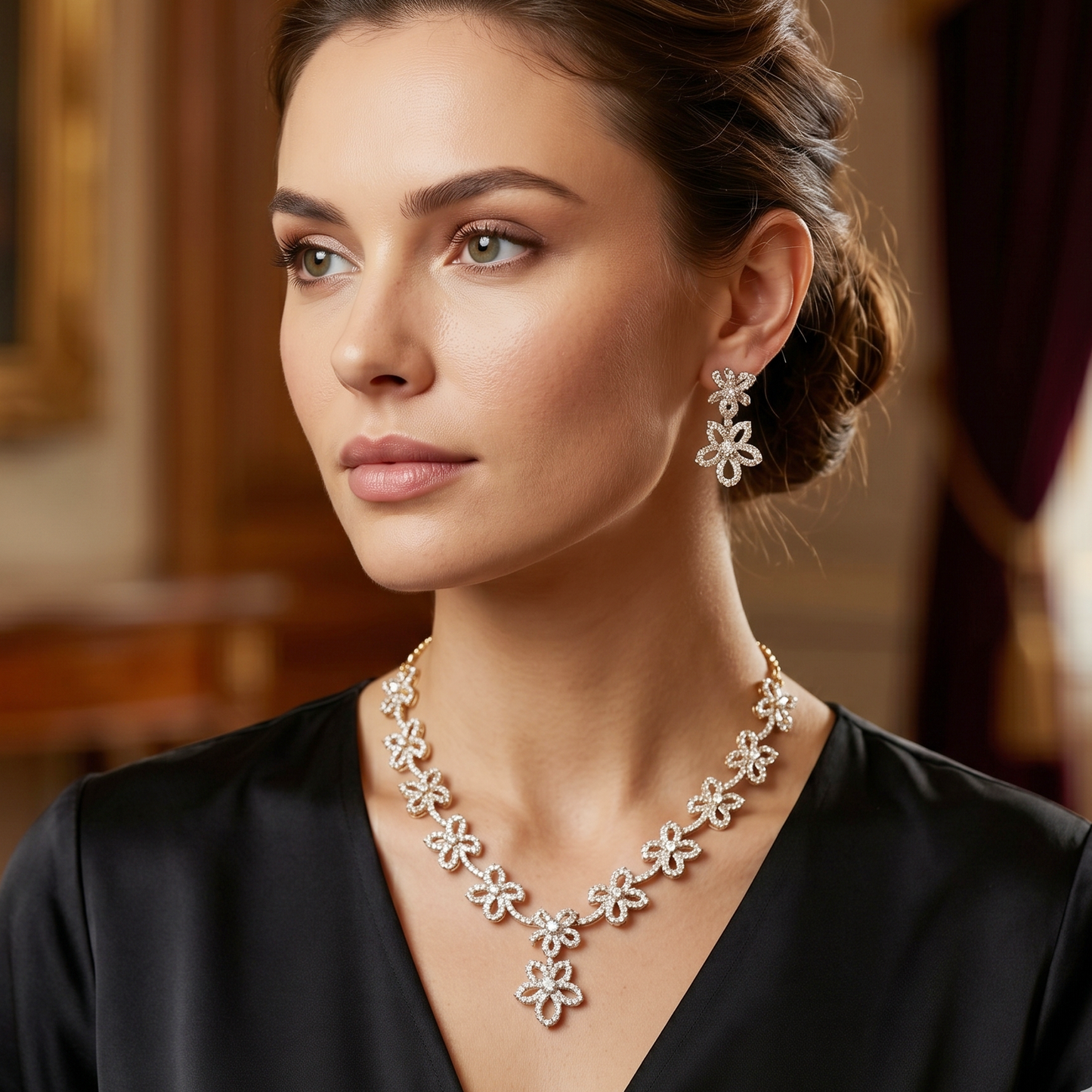 Elegant Floral Silver Ad StoneWith  Earring Set Necklace