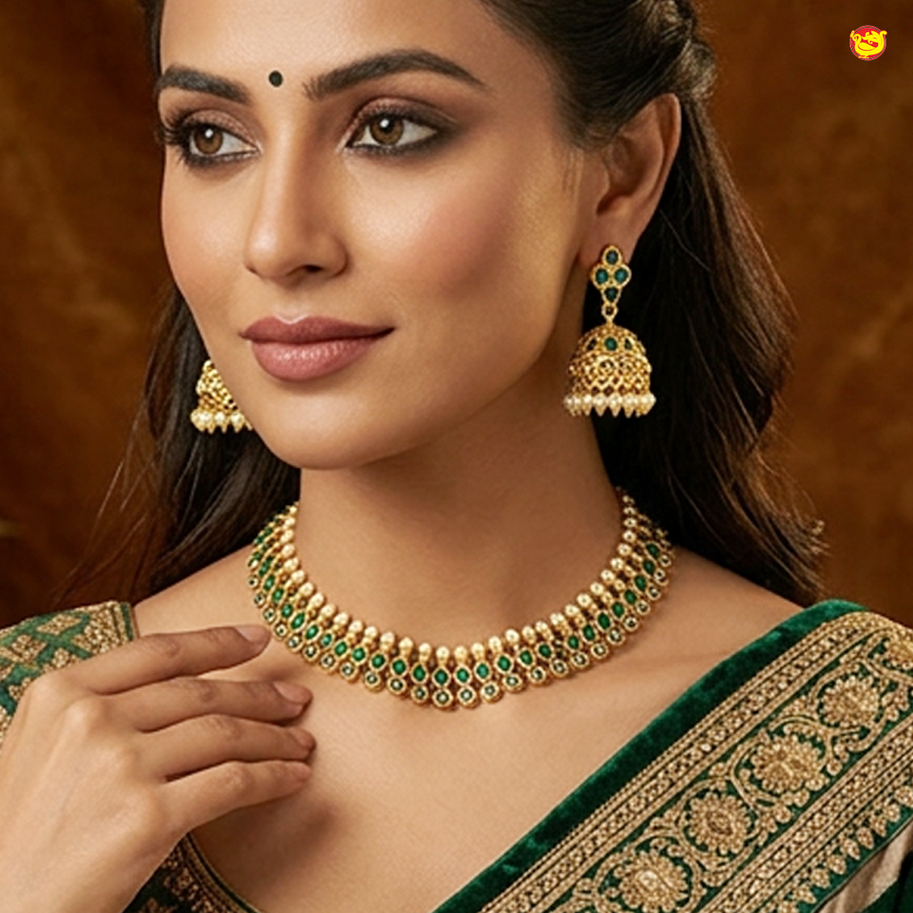 Antique Choker With green Stone Necklace Matching earrings  Set