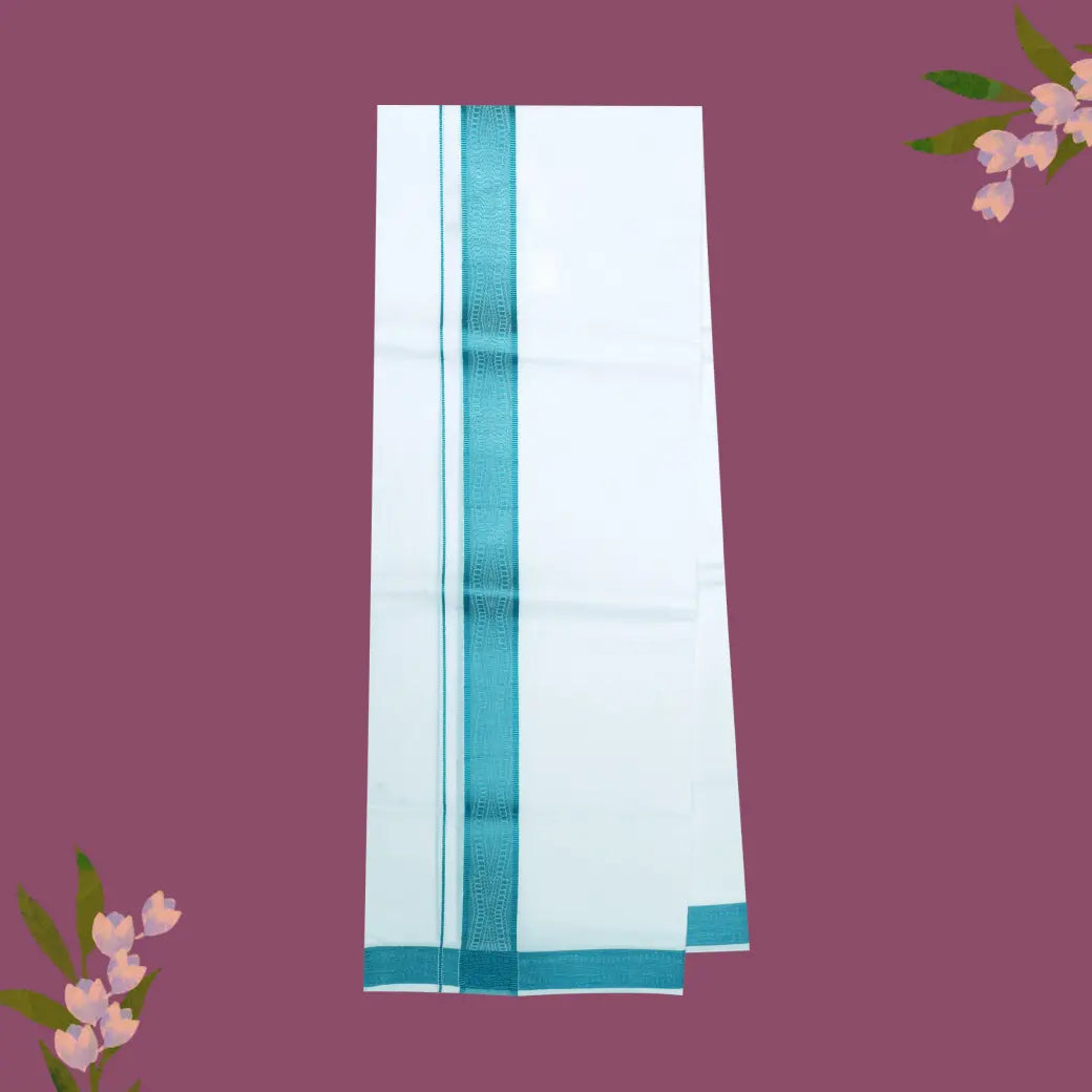 White with Mint blue  Fancy Jari  Border Single Layer Cotton Men’s Dhoti