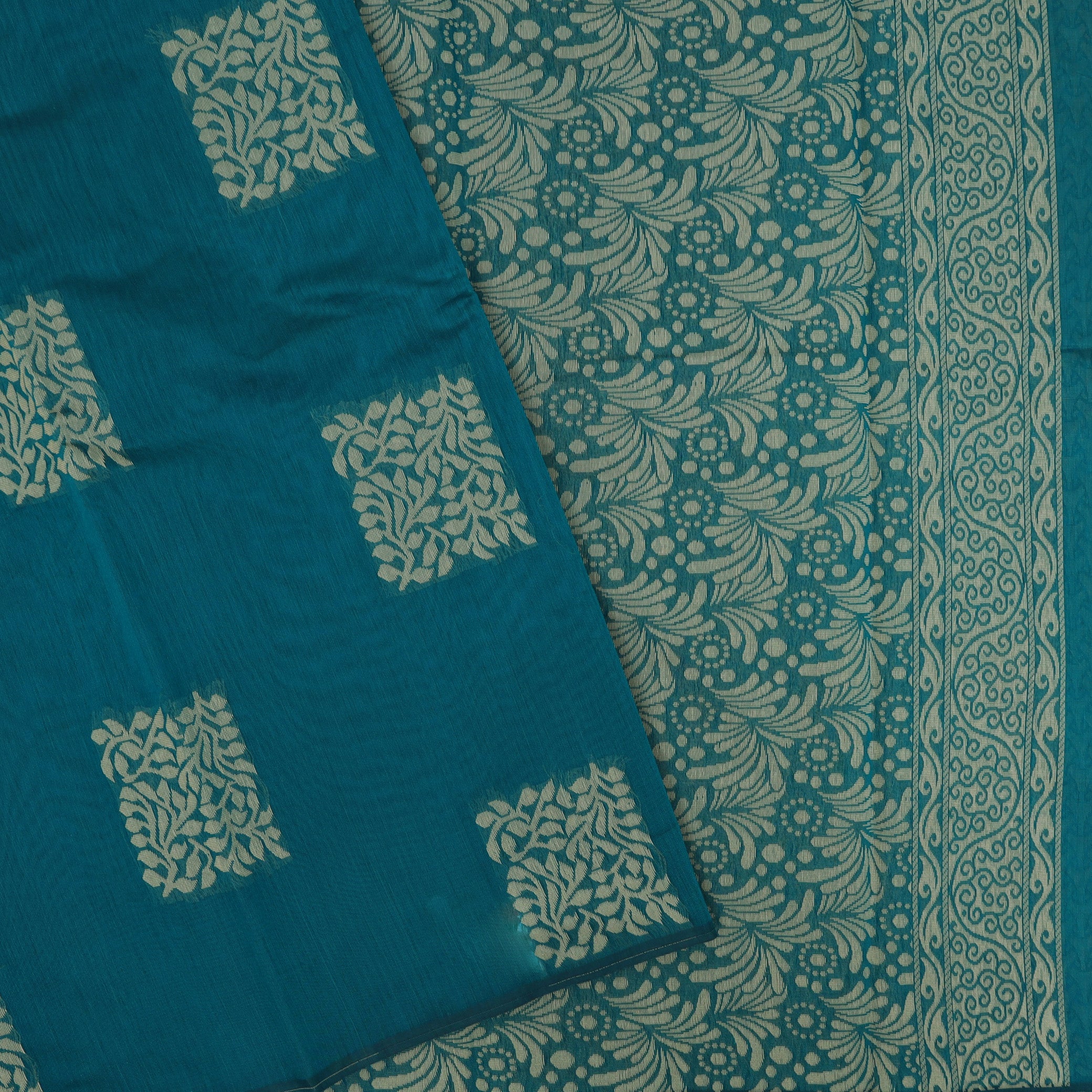 Teal blue With Sandal Zari Silk Cotton Saree