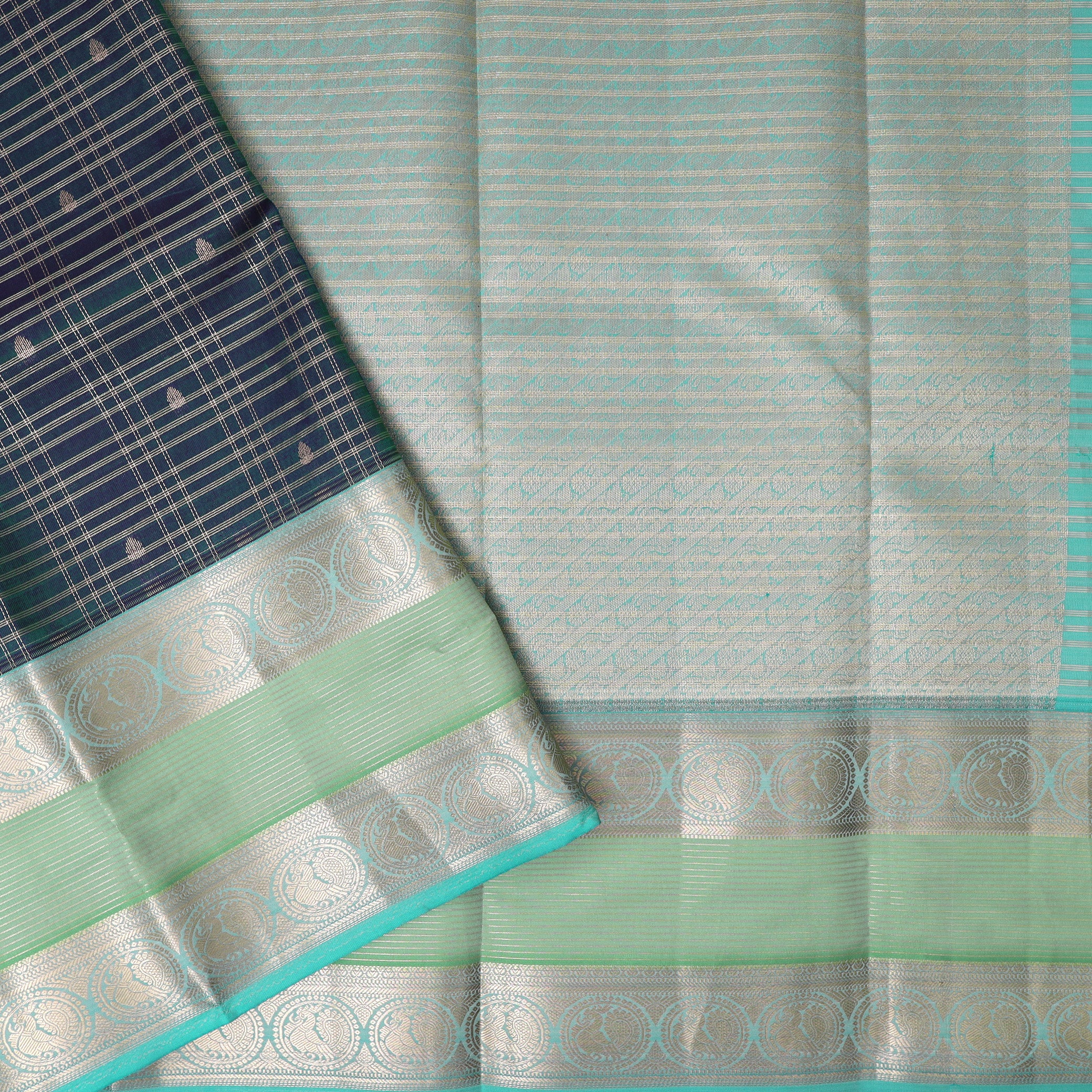 Moss Green With  Teal Green Gold Zari Yuvana Semi Soft Silk Saree
