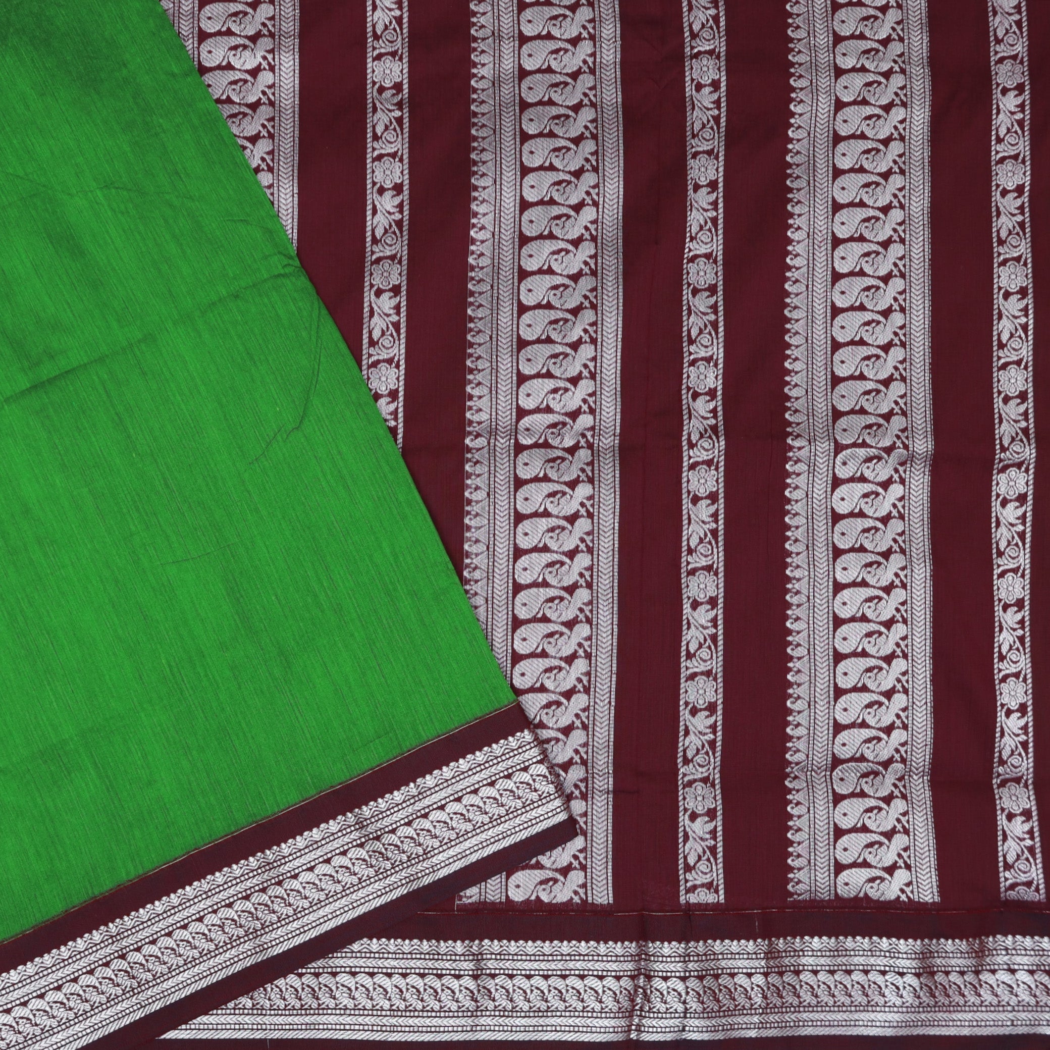 Green for the body and Maroon Premium Quality Kalyani Cotton Saree